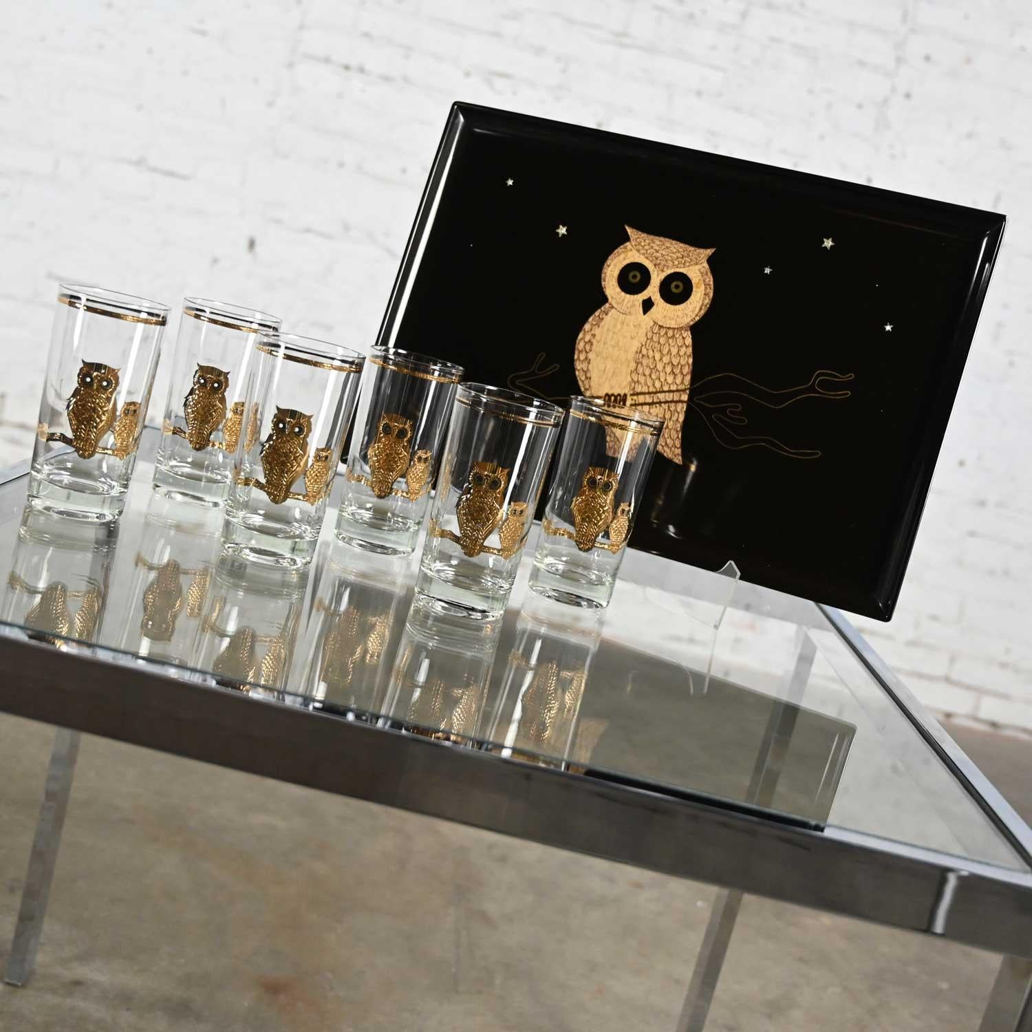 Mid-Century Modern Vintage MCM Gold Embossed Culver Owl Glasses & Couroc Tray with Wood Owl Inlay