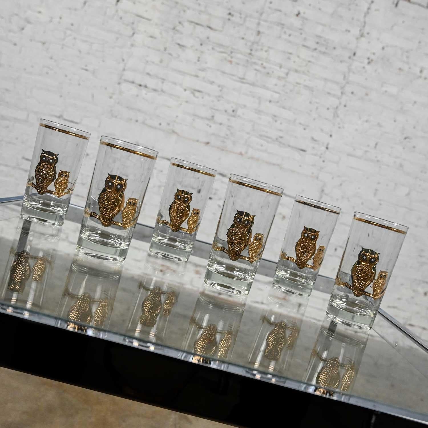 American Vintage MCM Gold Embossed Culver Owl Glasses & Couroc Tray with Wood Owl Inlay