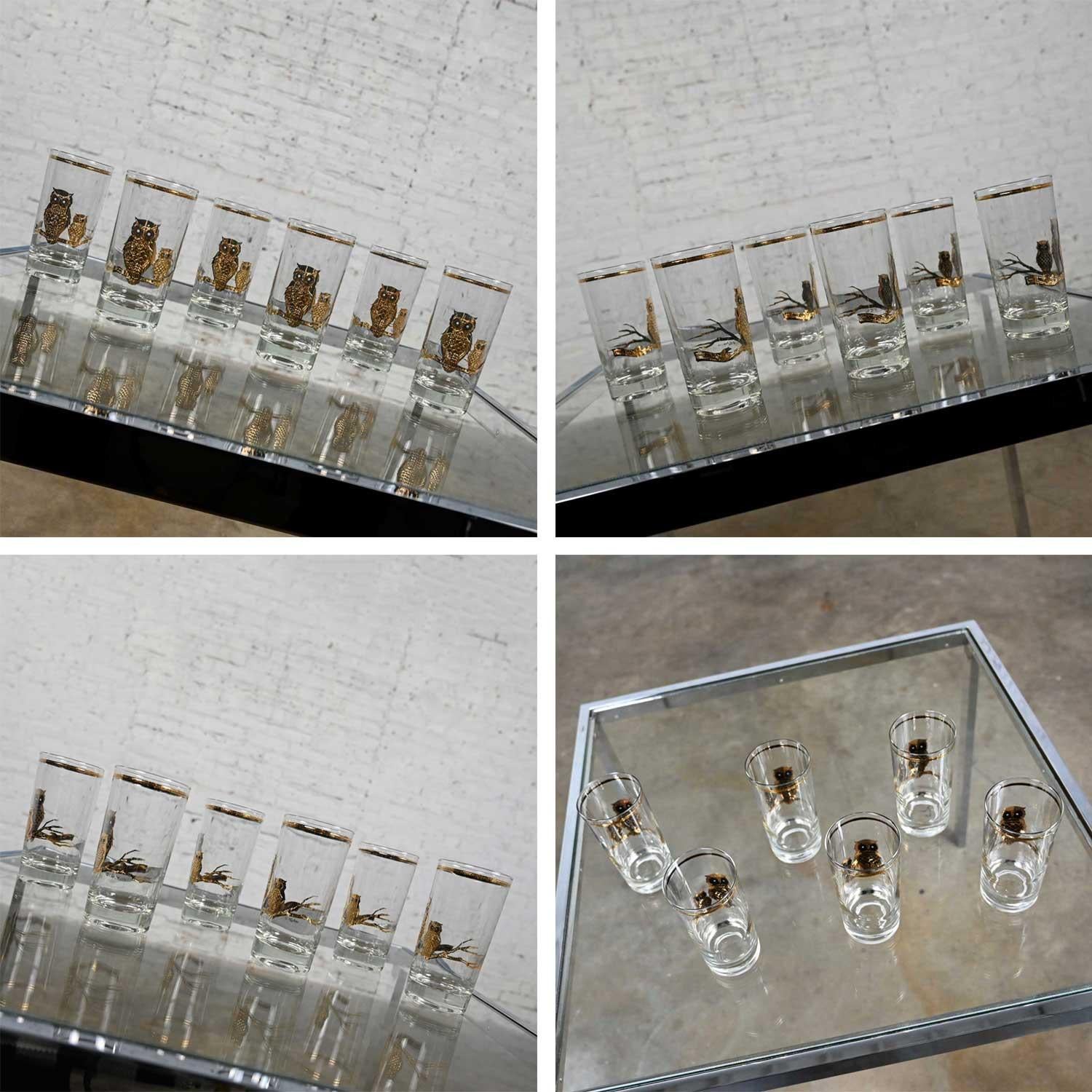 20th Century Vintage MCM Gold Embossed Culver Owl Glasses & Couroc Tray with Wood Owl Inlay