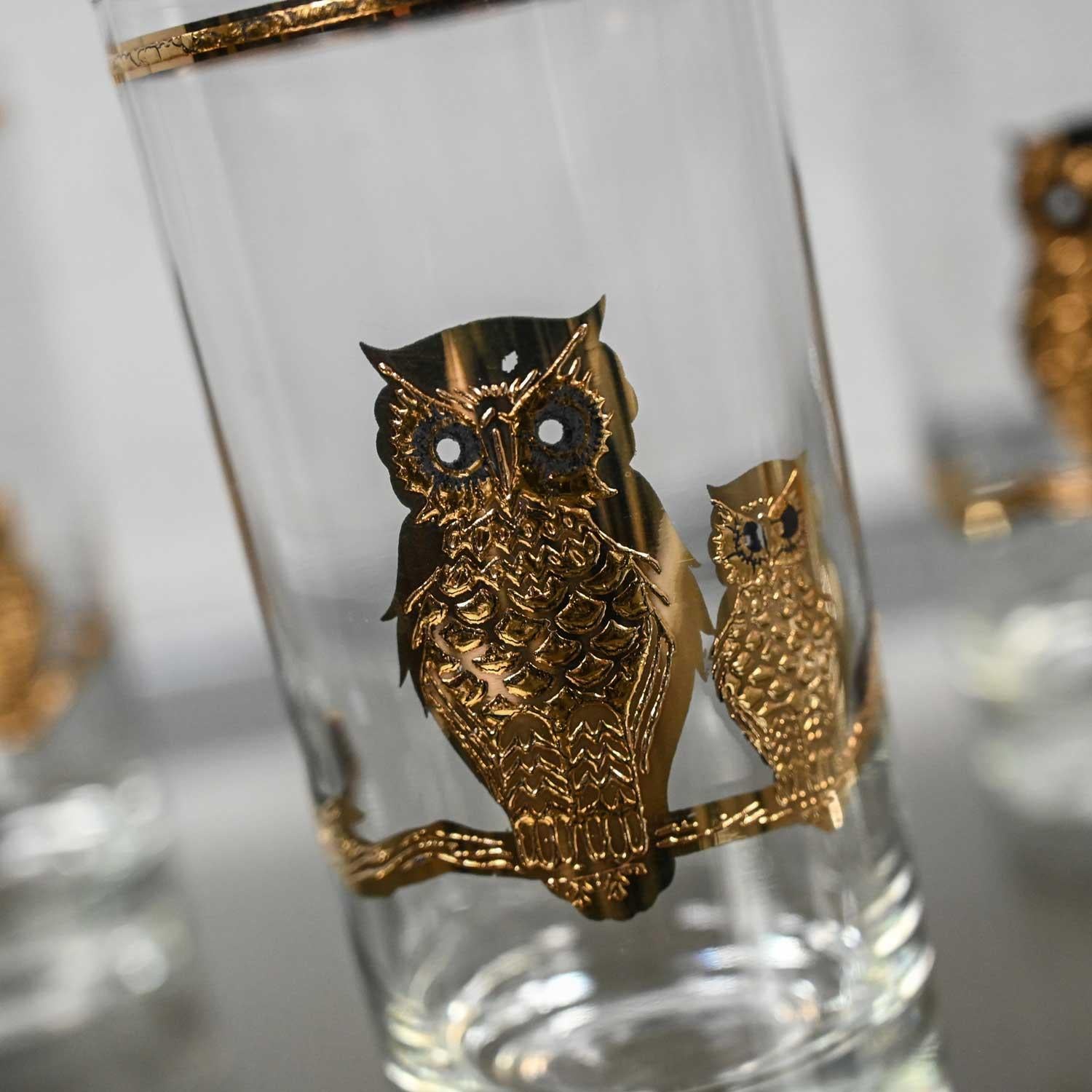 Vintage MCM Gold Embossed Culver Owl Glasses & Couroc Tray with Wood Owl Inlay 1