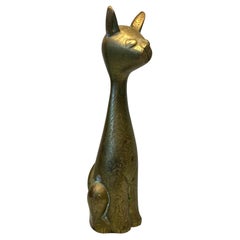 Vintage MCM Hand Etched Solid Brass Stylized Siamese Cat Sculpture