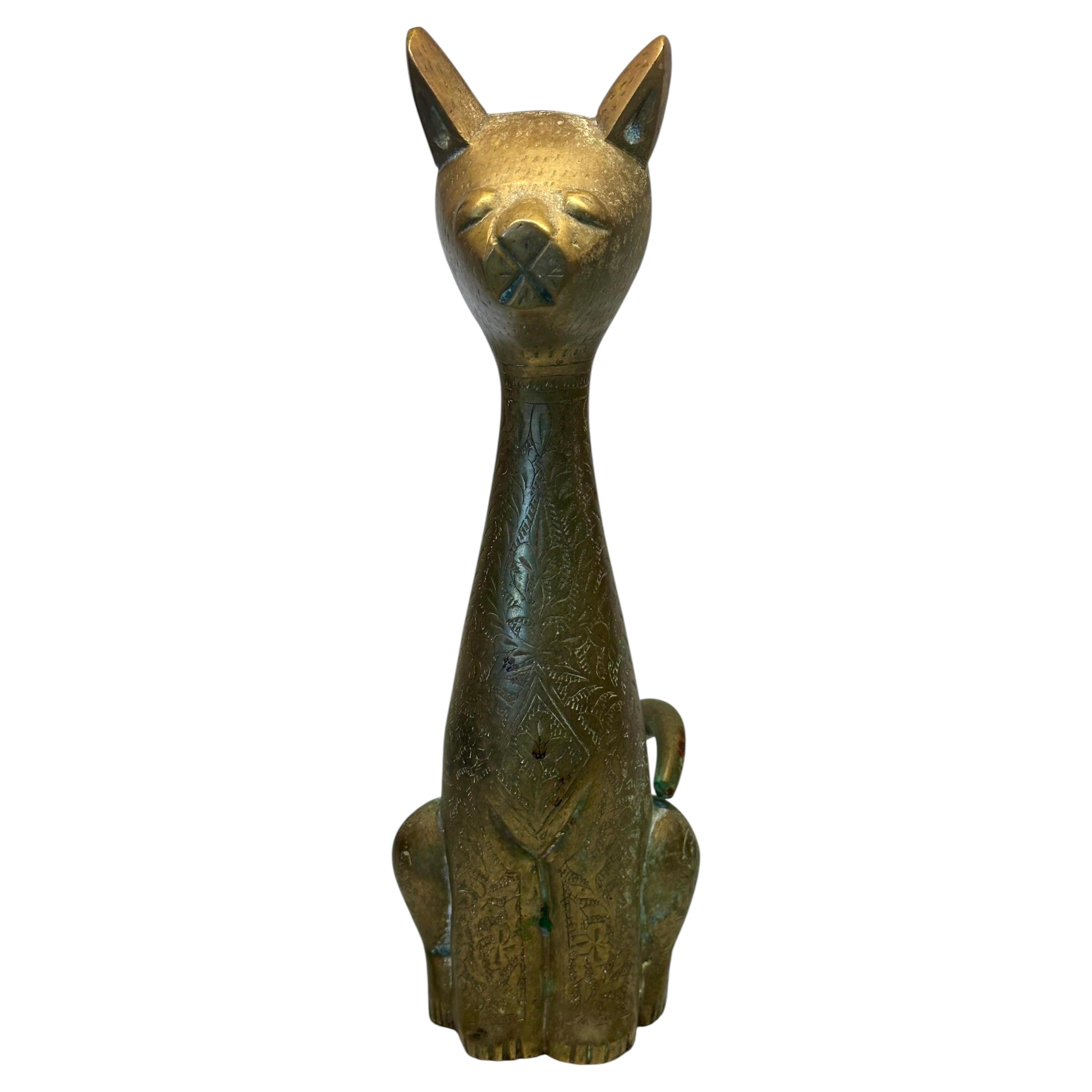Scultura vintage MCM in ottone massiccio incisa a mano raffigurante un gatto siamese stilizzato in vendita