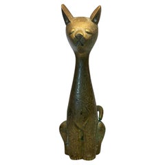 Vintage MCM Hand Etched Solid Brass Stylized Siamese Cat Sculpture