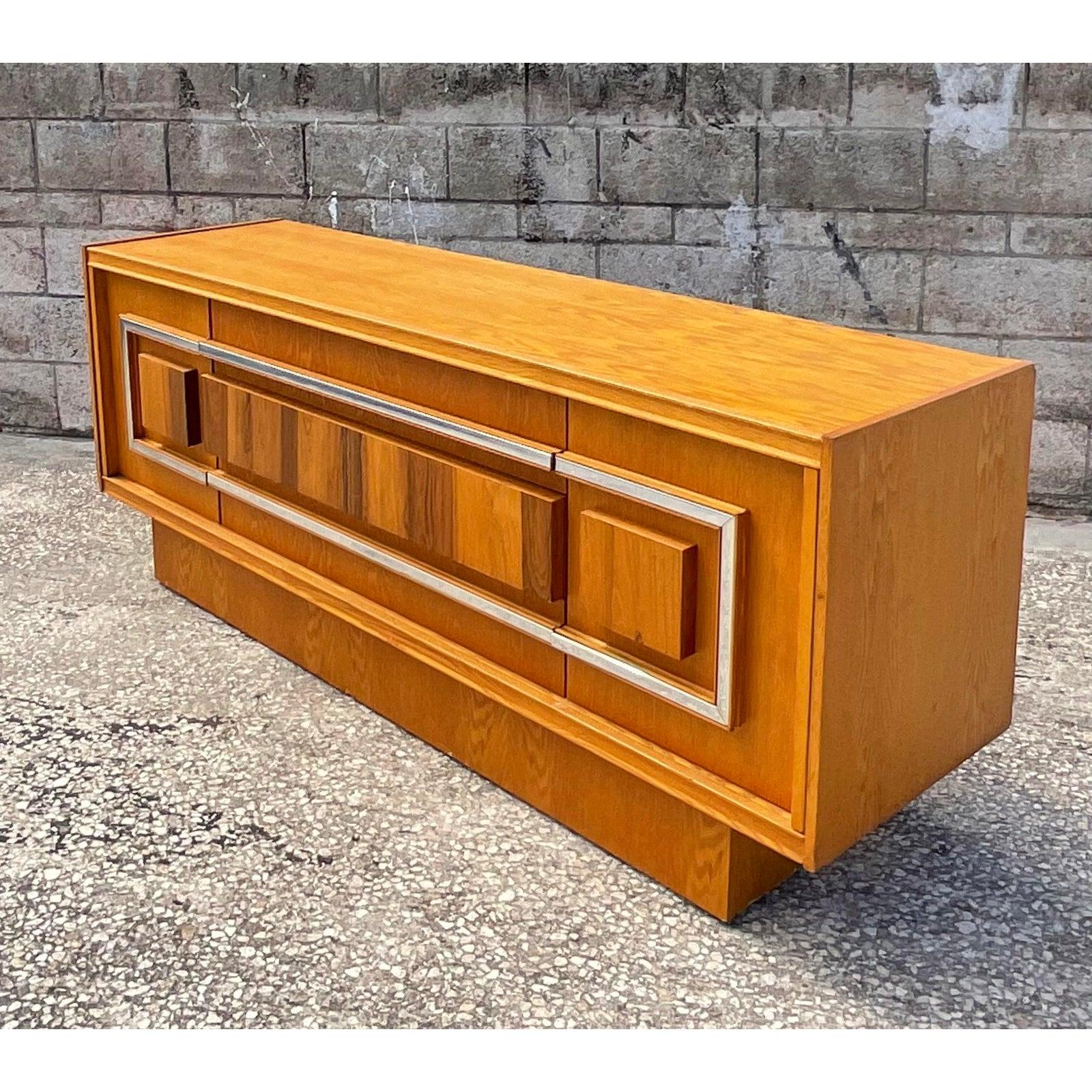 20th Century Vintage Mid-Century Modern Inset Wood Grain Panel Credenza For Sale
