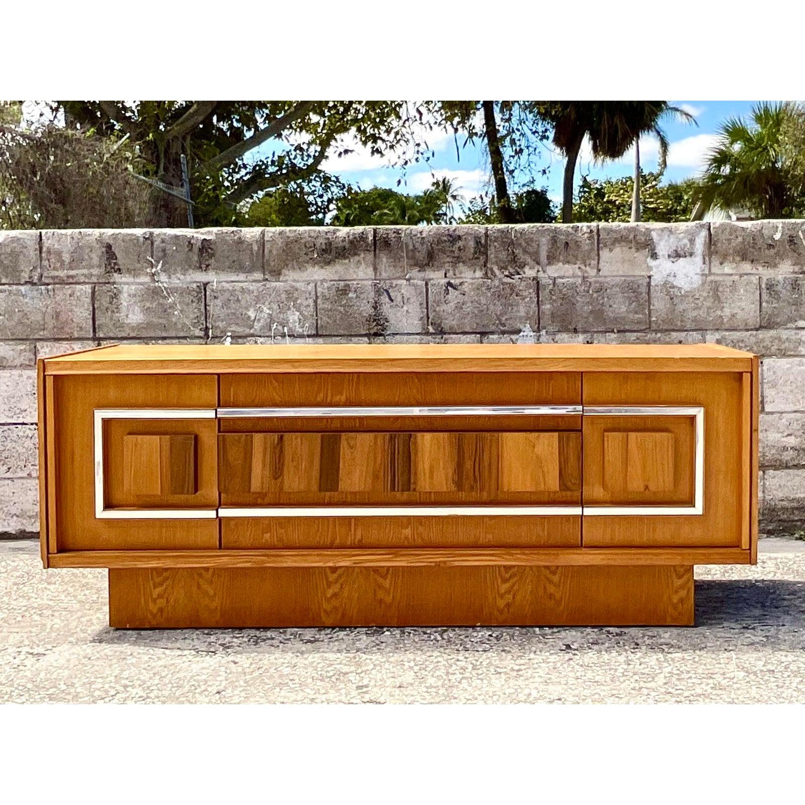 Chrome Vintage Mid-Century Modern Inset Wood Grain Panel Credenza For Sale