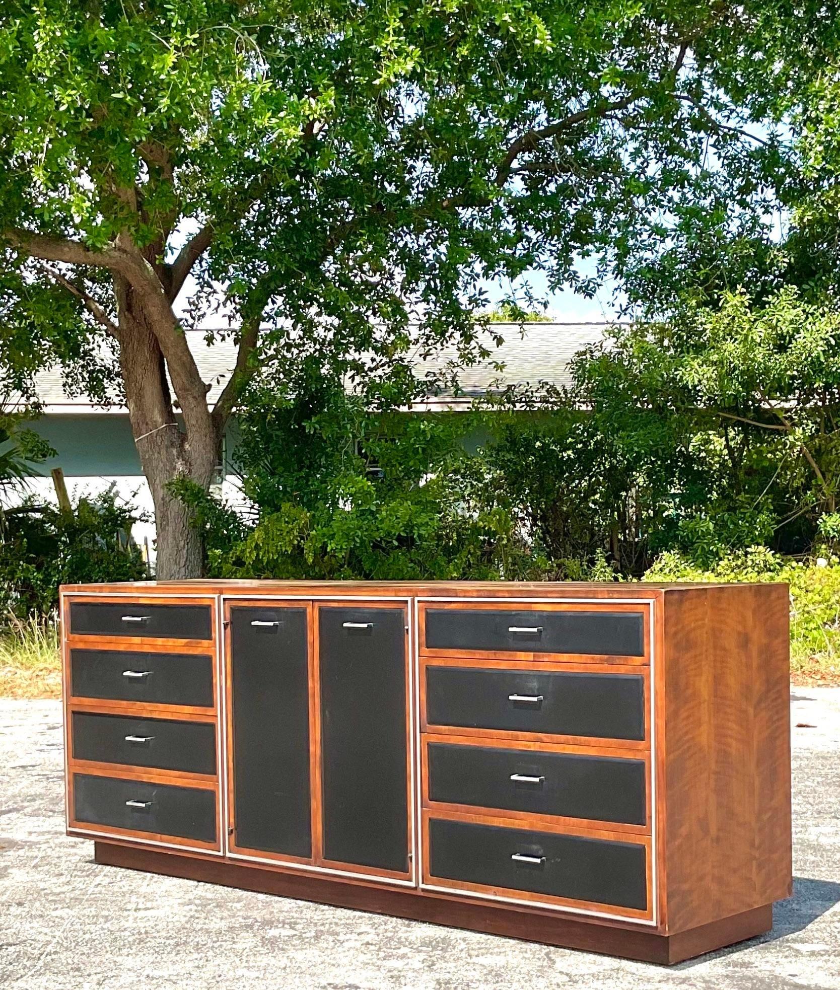  Vintage MCM John Stuart Leather Front Dresser In Good Condition For Sale In west palm beach, FL