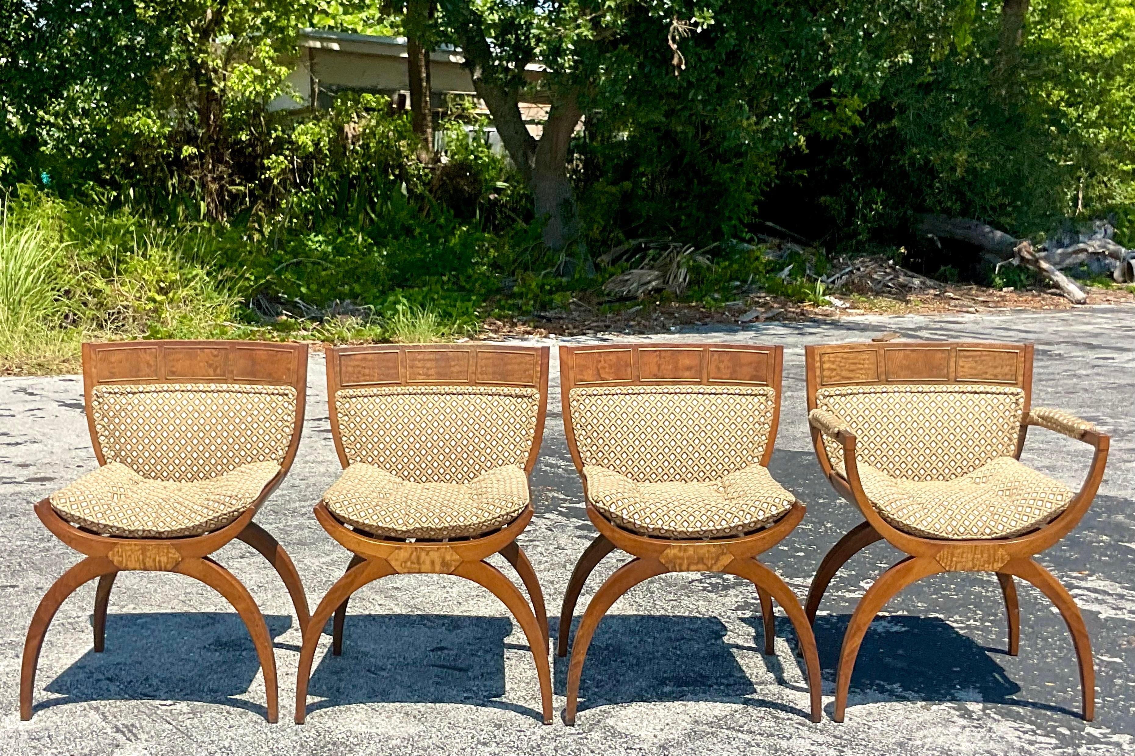 Vintage Mcm Kurul Style Burl Wood Dining Chairs, Set of Four For Sale