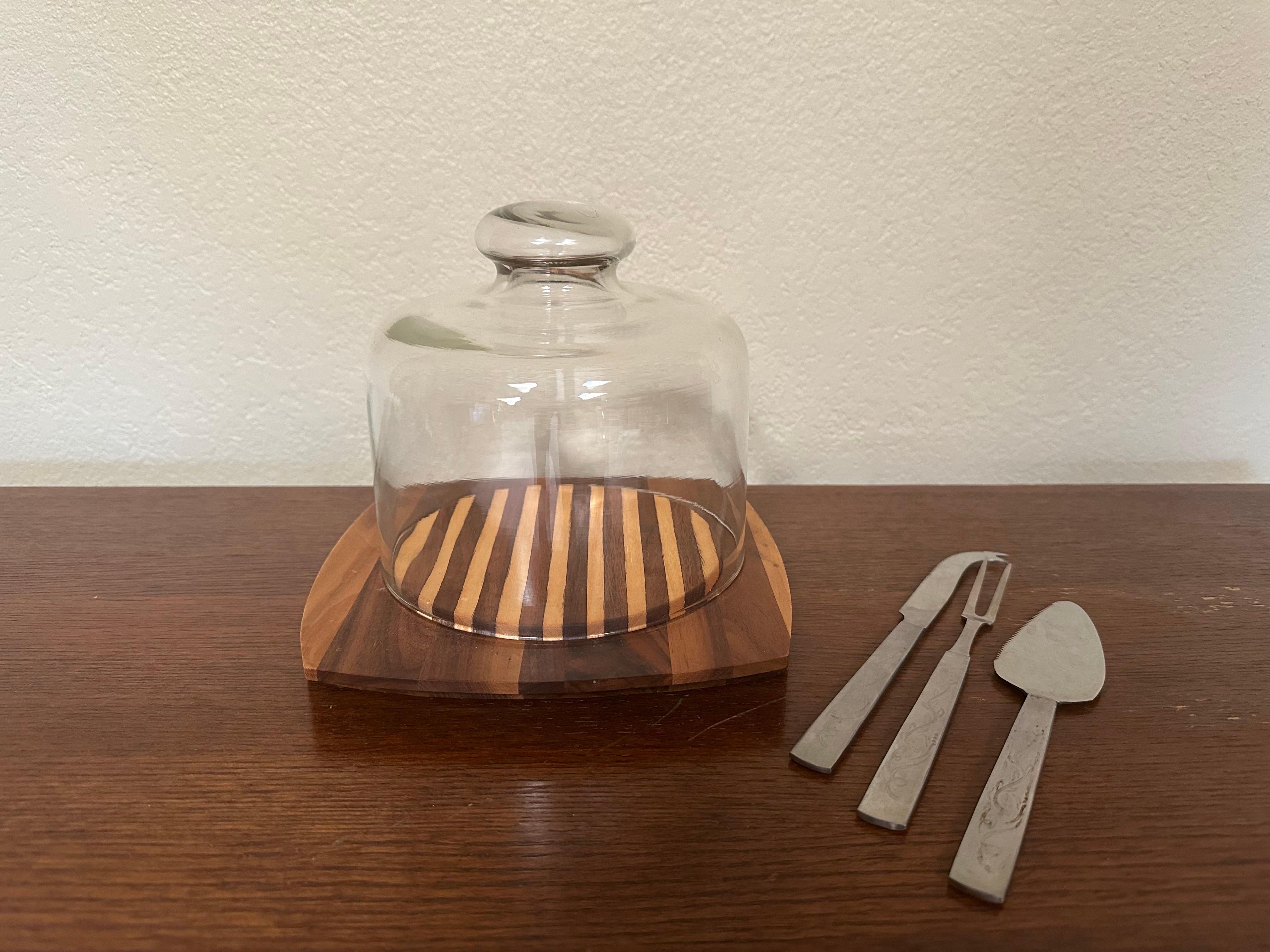 Vintage MCM Kustom Kraft Tabla de quesos y cúpula de cristal con 3 utensilios de servir Latama en venta 7