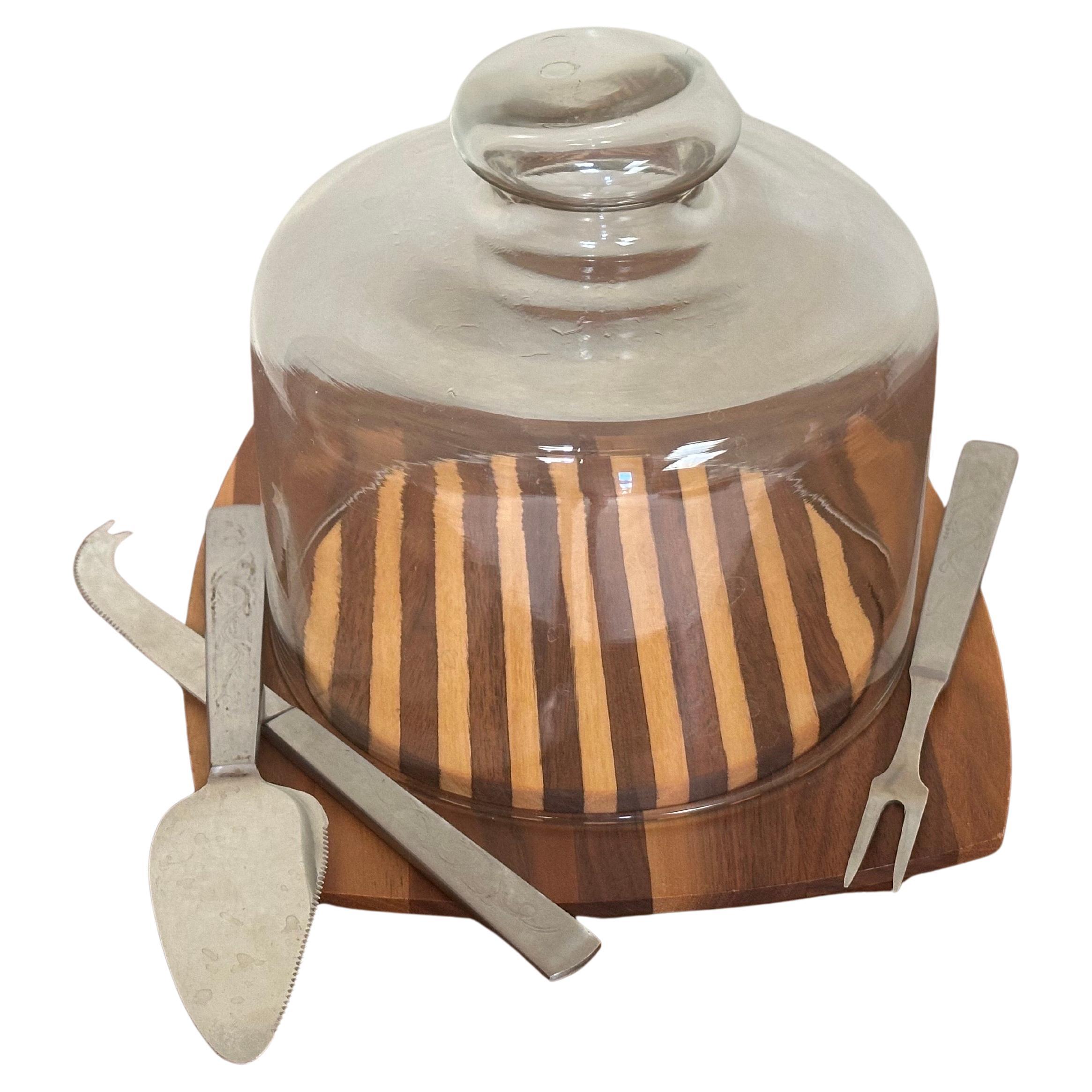 Vintage MCM Kustom Kraft Tabla de quesos y cúpula de cristal con 3 utensilios de servir Latama en venta 10