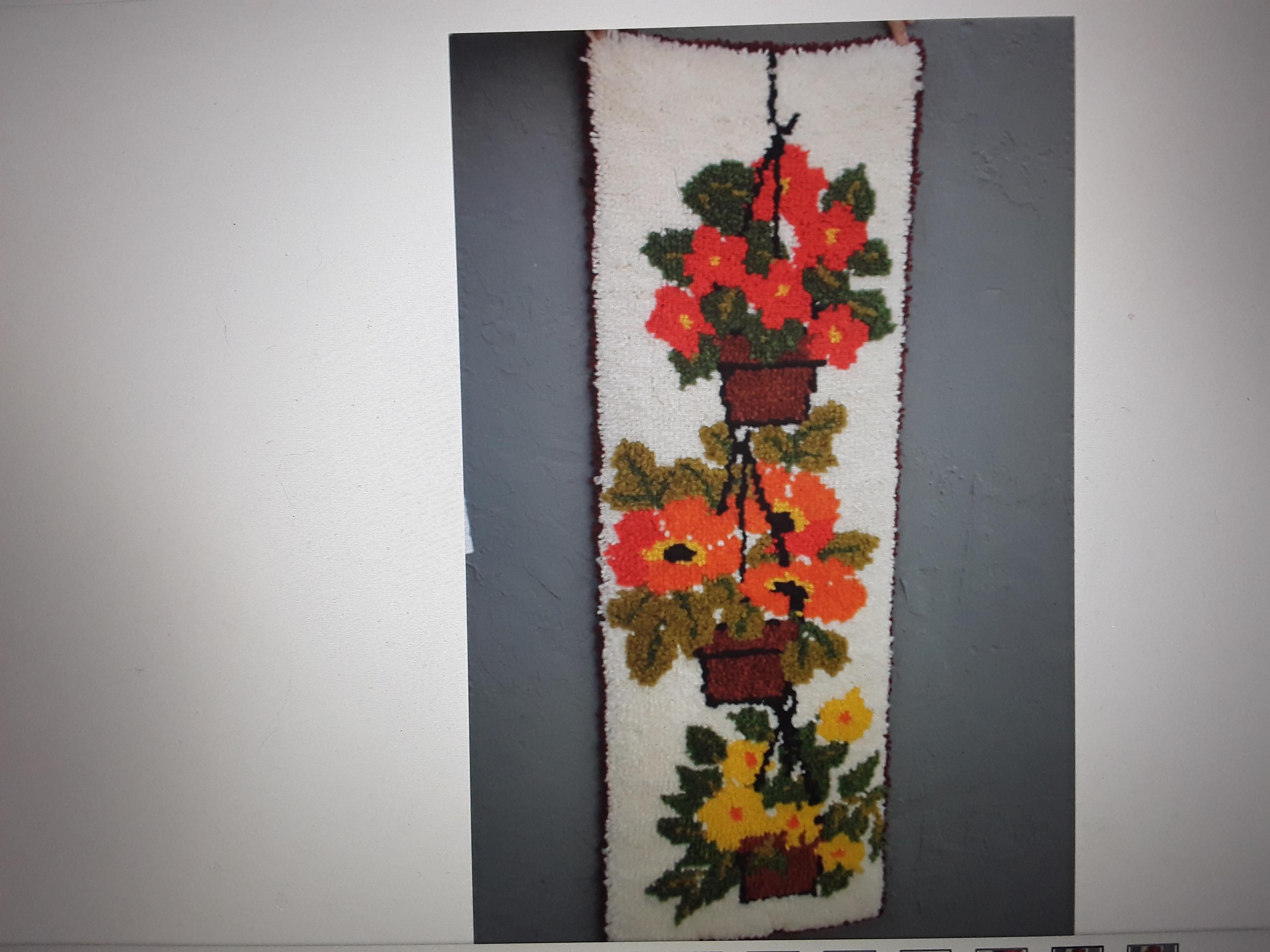 Mid-Century Modern Vintage MCM Latchhooked Yarn Art of Potted Flowers  For Sale