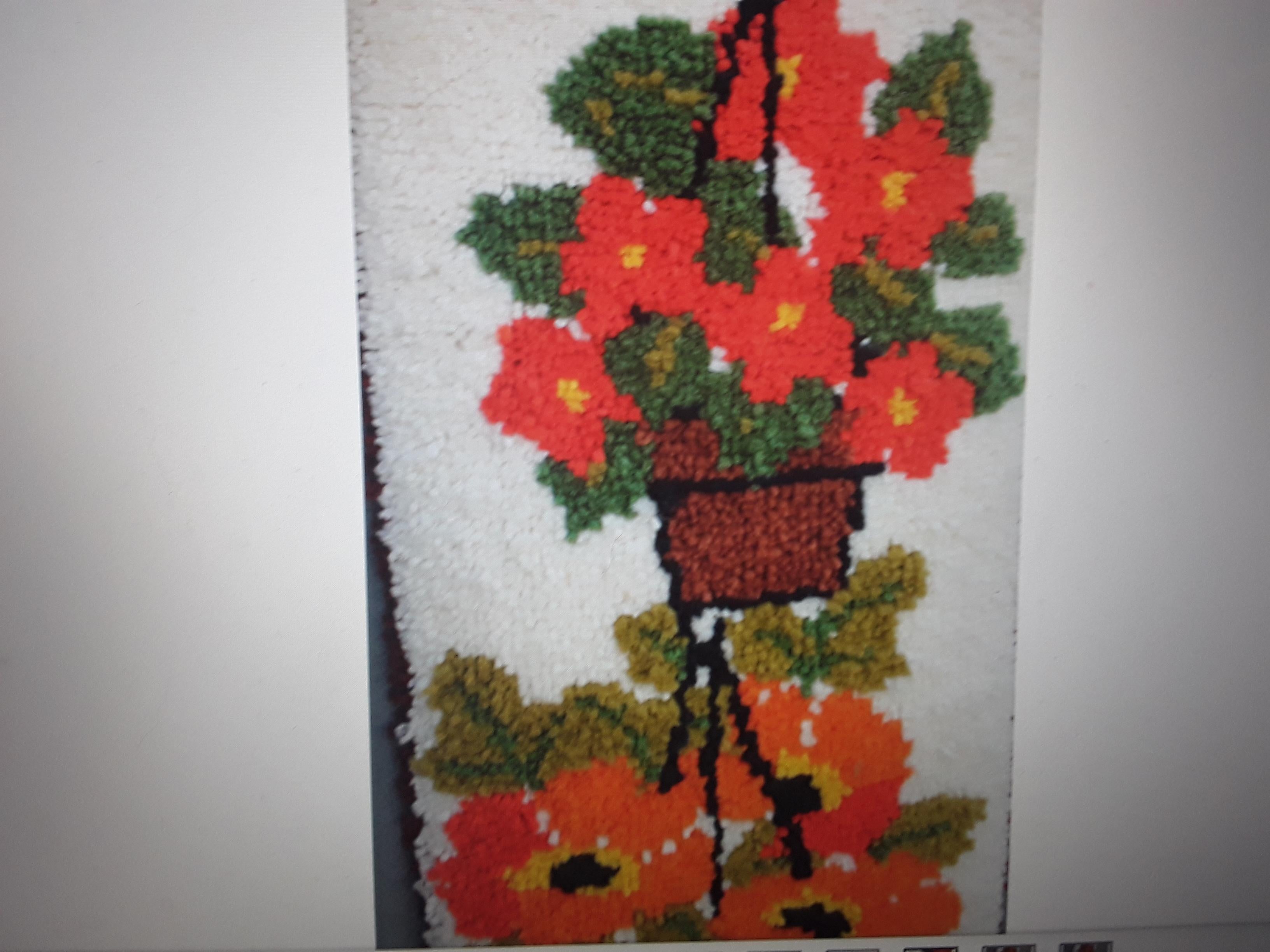 North American Vintage MCM Latchhooked Yarn Art of Potted Flowers  For Sale