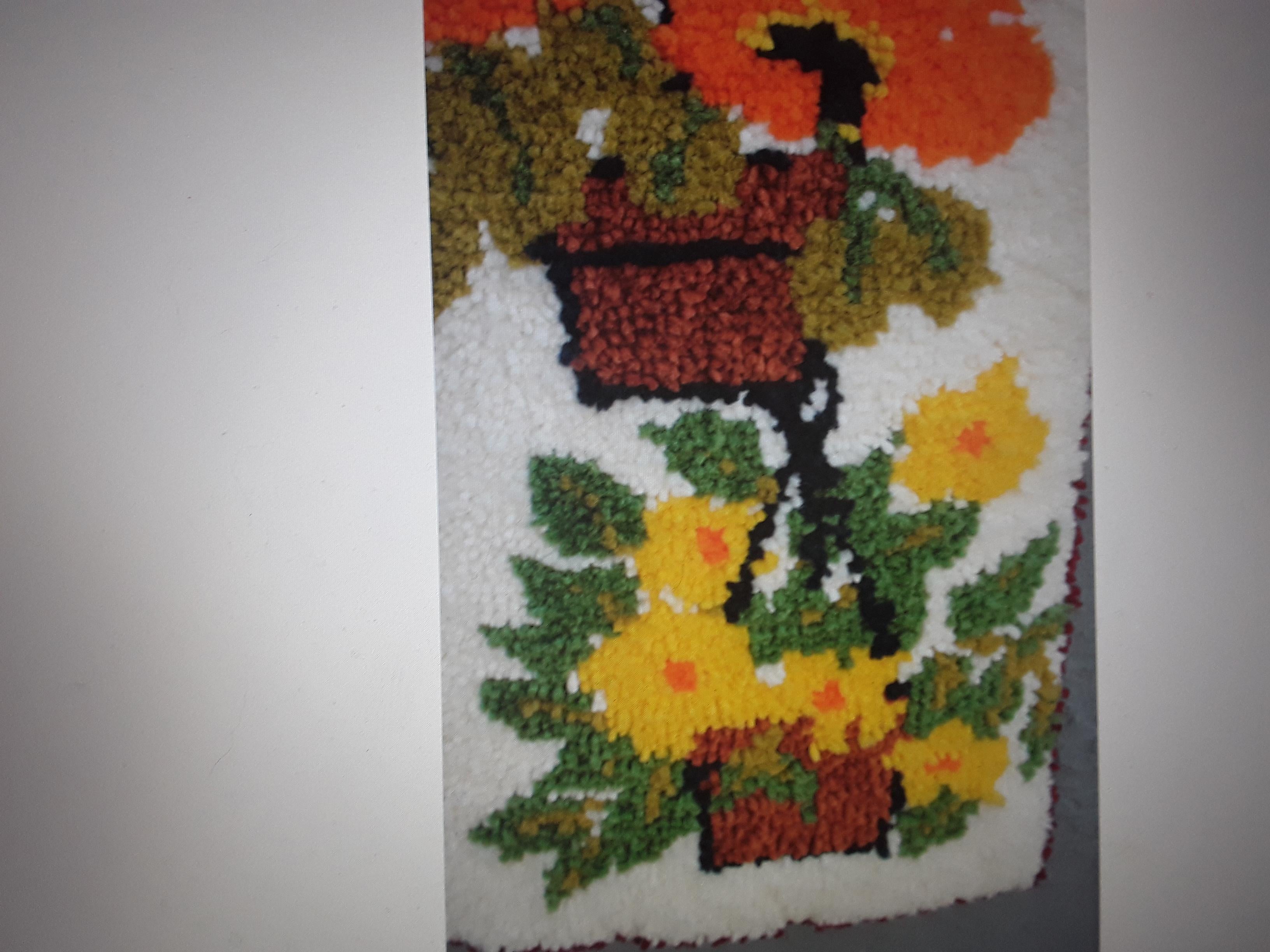 Vintage MCM Latchhooked Yarn Art of Potted Flowers  For Sale 1