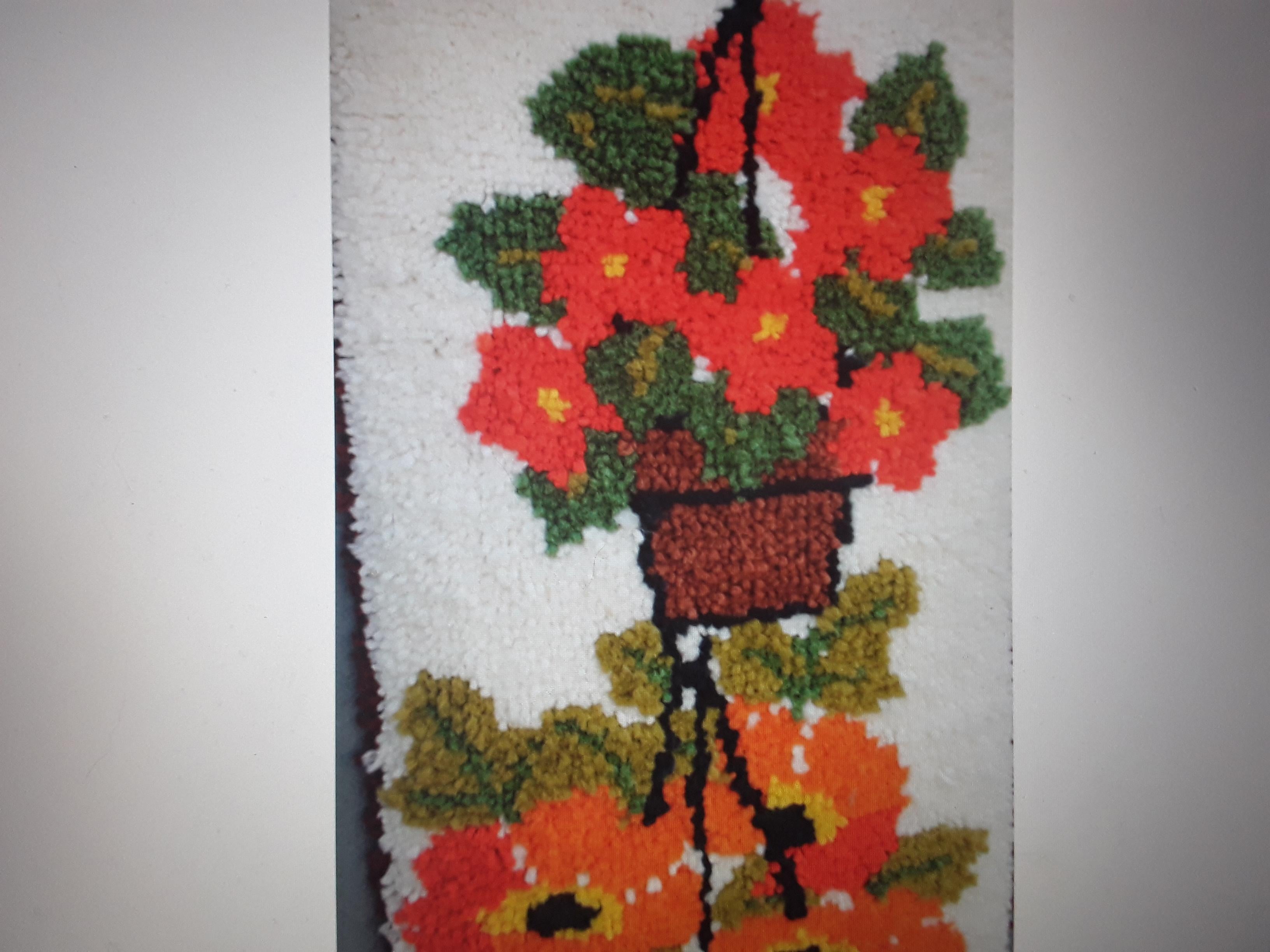 Vintage MCM Latchhooked Yarn Art of Potted Flowers  For Sale 3