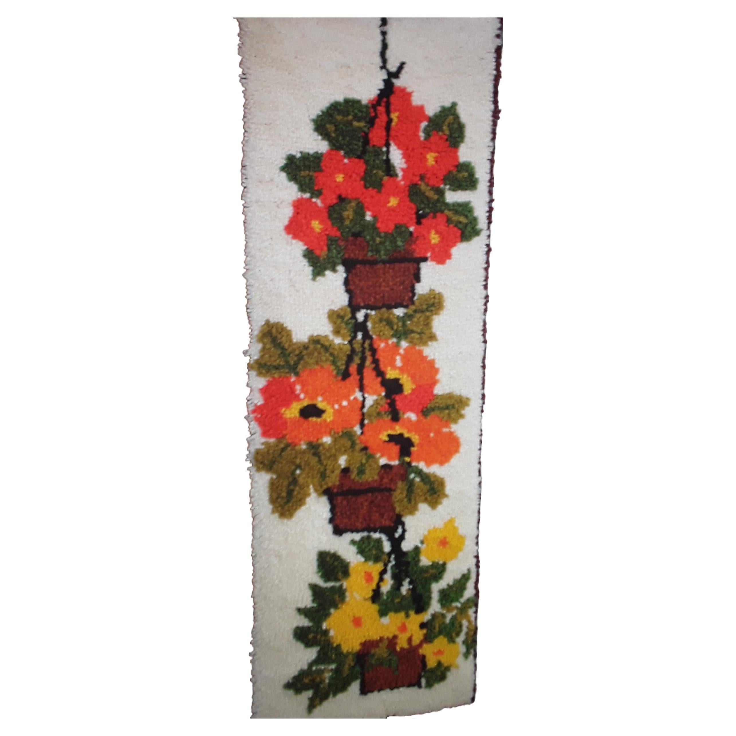 Vintage MCM Latchhooked Yarn Art of Potted Flowers  For Sale