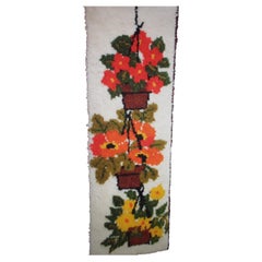 Vintage MCM Latchhooked Yarn Art of Potted Flowers 
