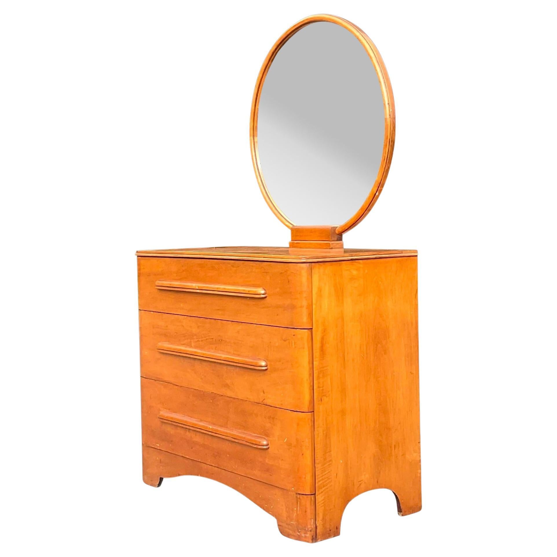 Vintage MCM Maple Dresser With Round Mirror
