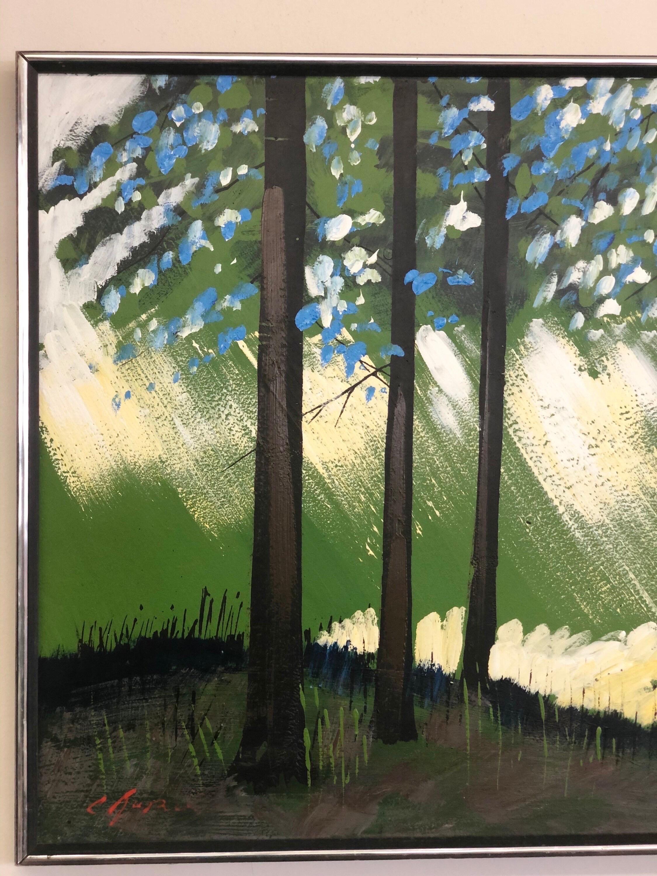 Vieille peinture abstraite de style MCM moderne du milieu du siècle dernier encadrée en forme de forêt, signée Bon état - En vente à Seattle, WA