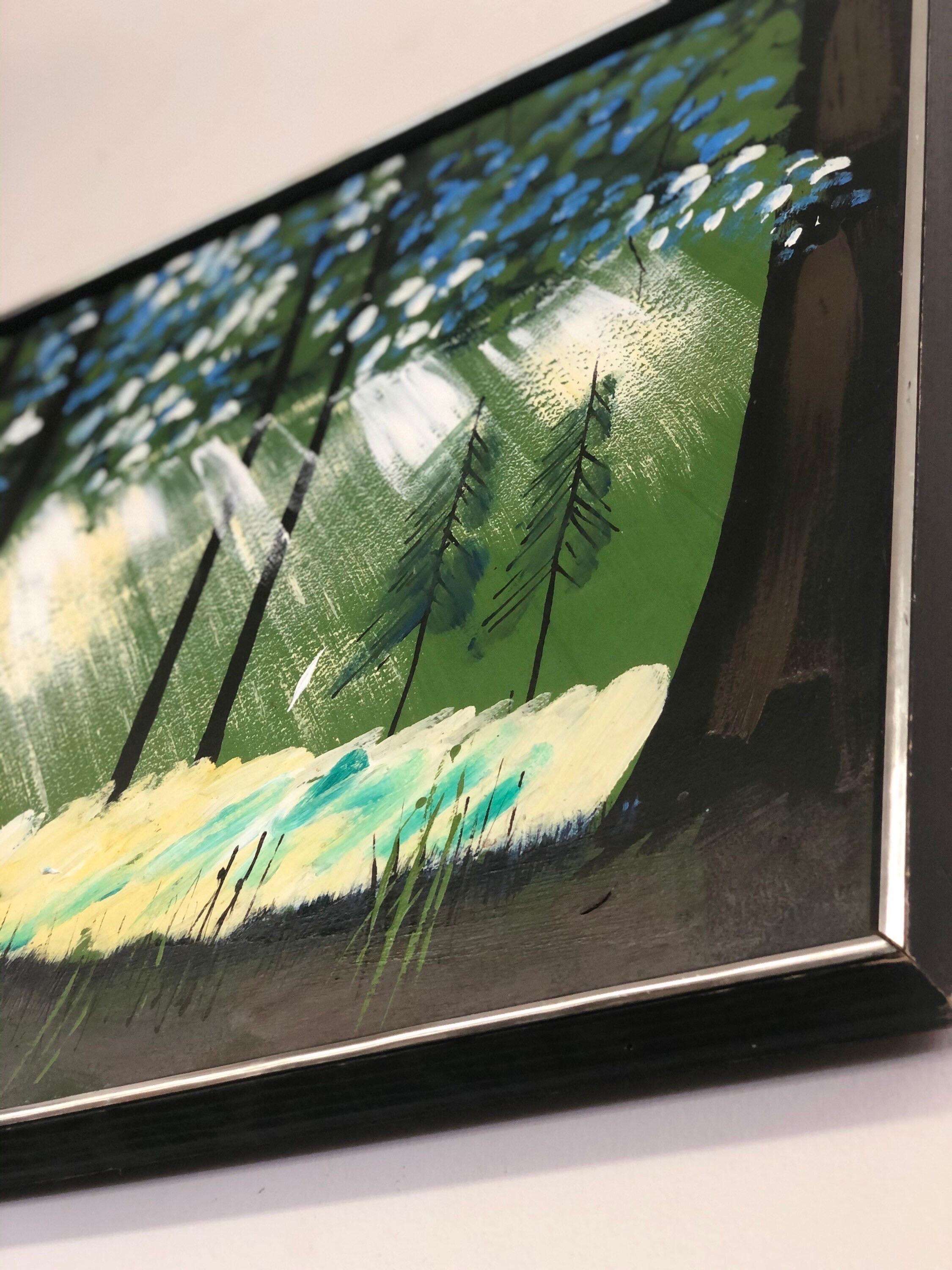 Fin du 20e siècle Vieille peinture abstraite de style MCM moderne du milieu du siècle dernier encadrée en forme de forêt, signée en vente