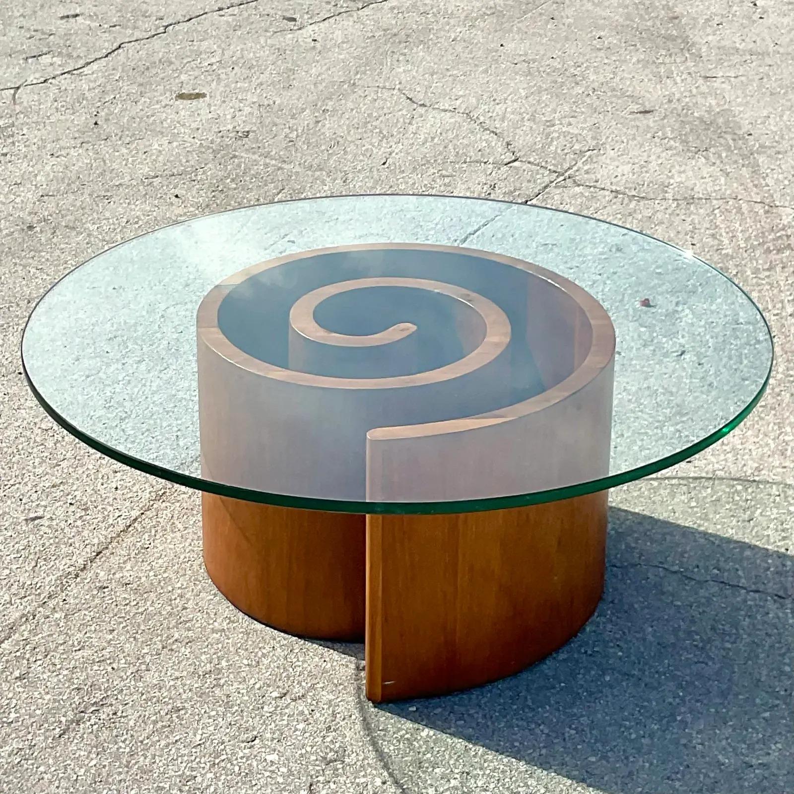 Superb MCM Wood under glass coffee table. Made by the iconic Vladimir Kagan for Selig. Unmarked. Acquired from a Chicago estate.