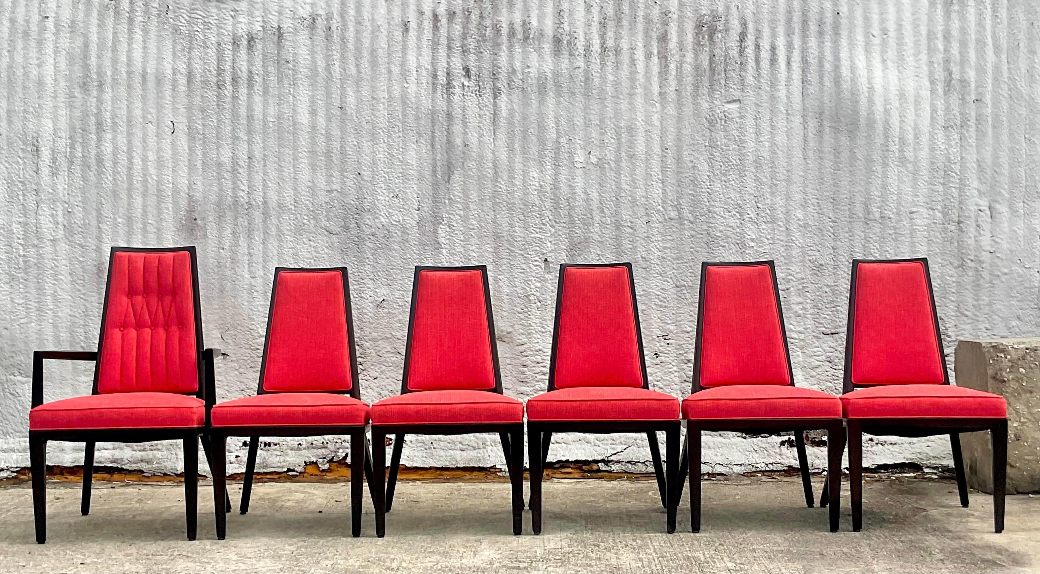 An incredible set of 6 vintage MCM dining chairs. Made by the MonteVerdi-Young group. Unmarked. Chic walnut frame with gorgeous red upholstery. Perfect as is or change to suit your project. You decide! Acquired from a Palm Beach estate.