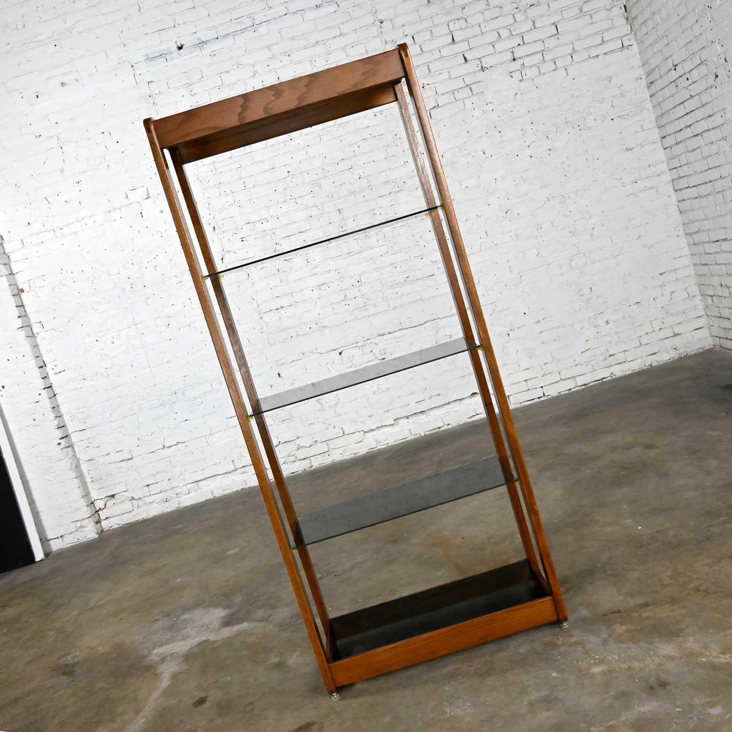20th Century Vintage MCM Oak Frame & Smoked Glass Etagere Display Shelf Bookcase For Sale