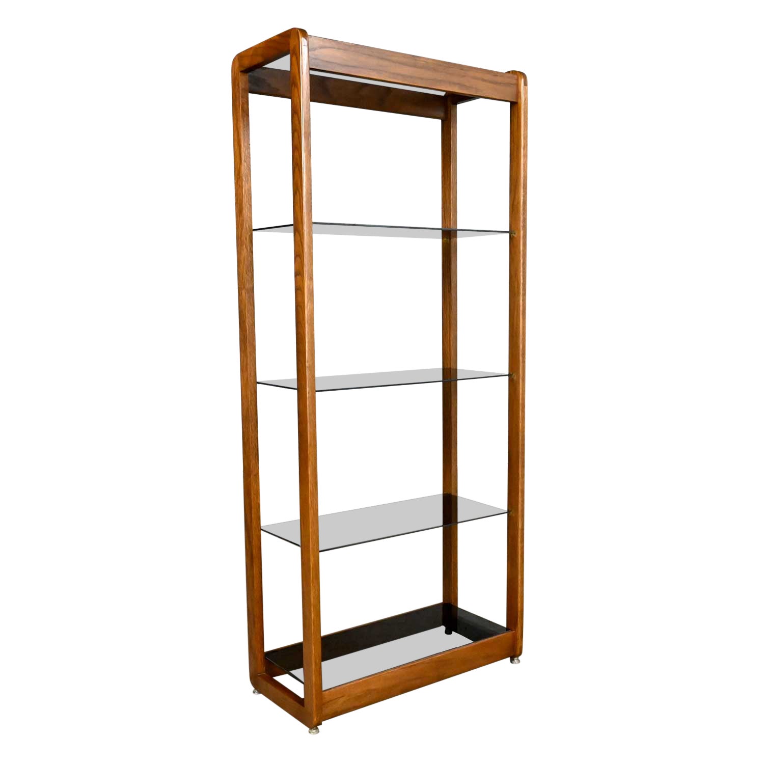 Vintage MCM Oak Frame & Smoked Glass Etagere Display Shelf Bookcase