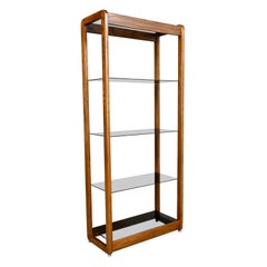 Vintage MCM Oak Frame & Smoked Glass Etagere Display Shelf Bookcase