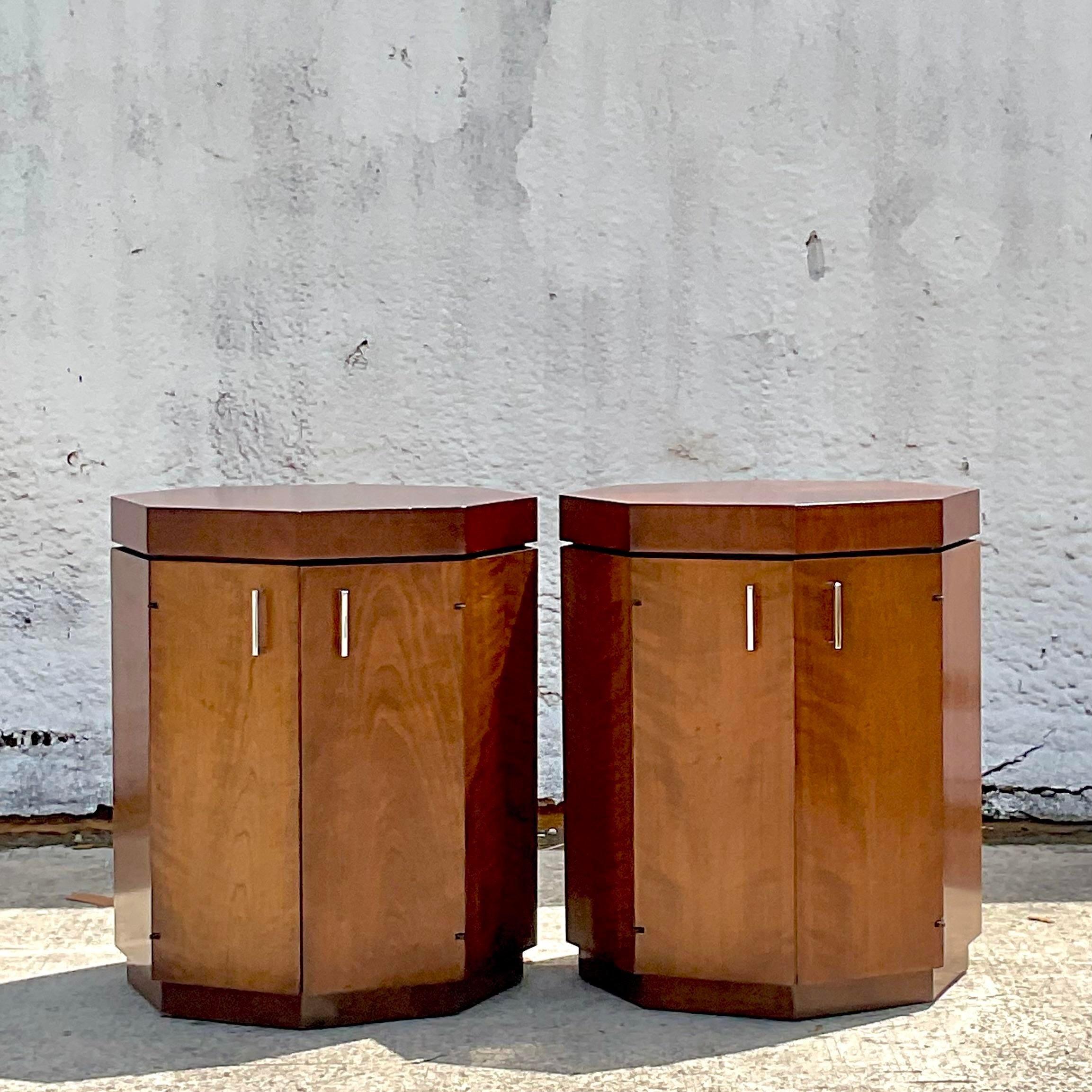 American Vintage MCM Octagon Walnut Nightstands After Harvey Probber, a Pair