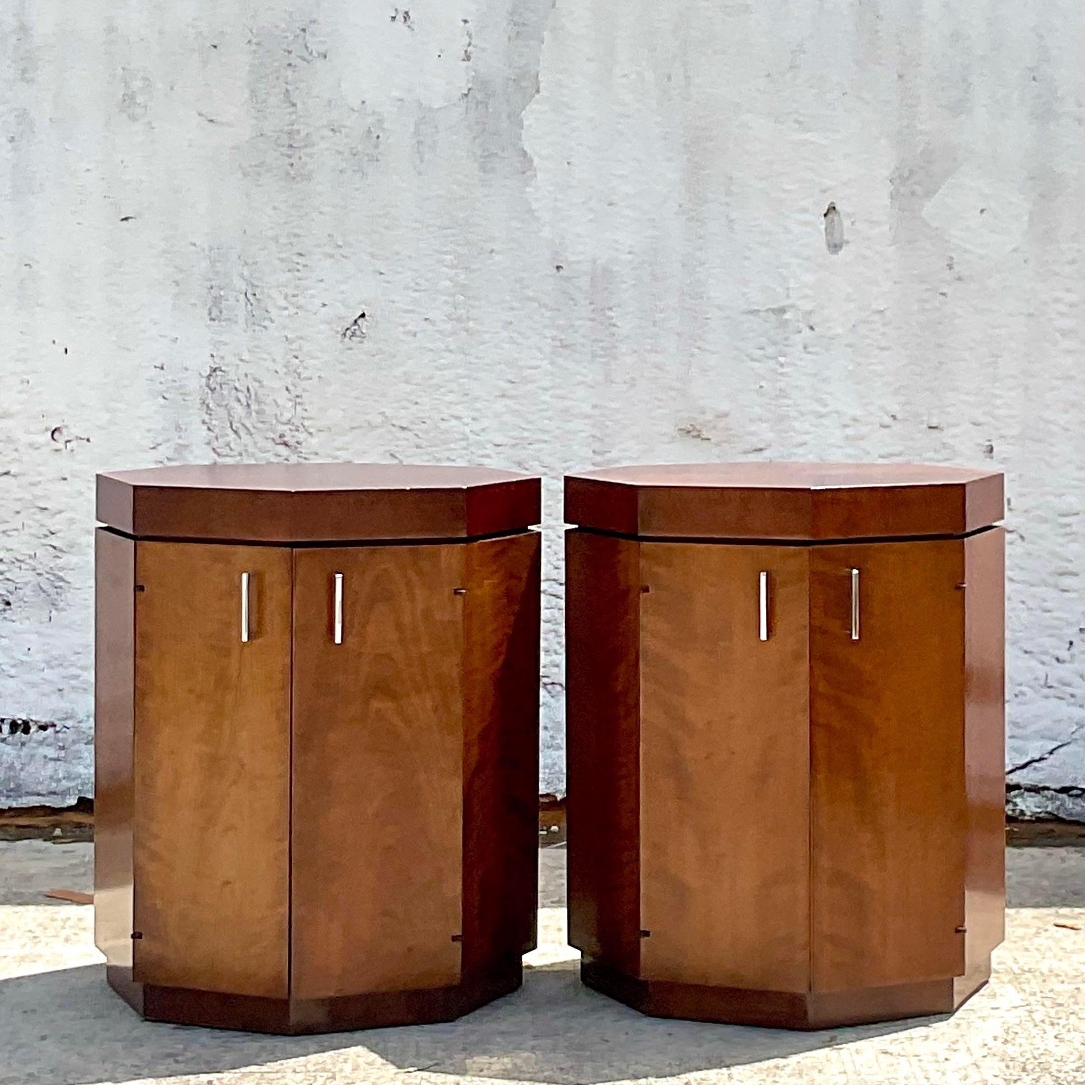 20th Century Vintage MCM Octagon Walnut Nightstands After Harvey Probber, a Pair