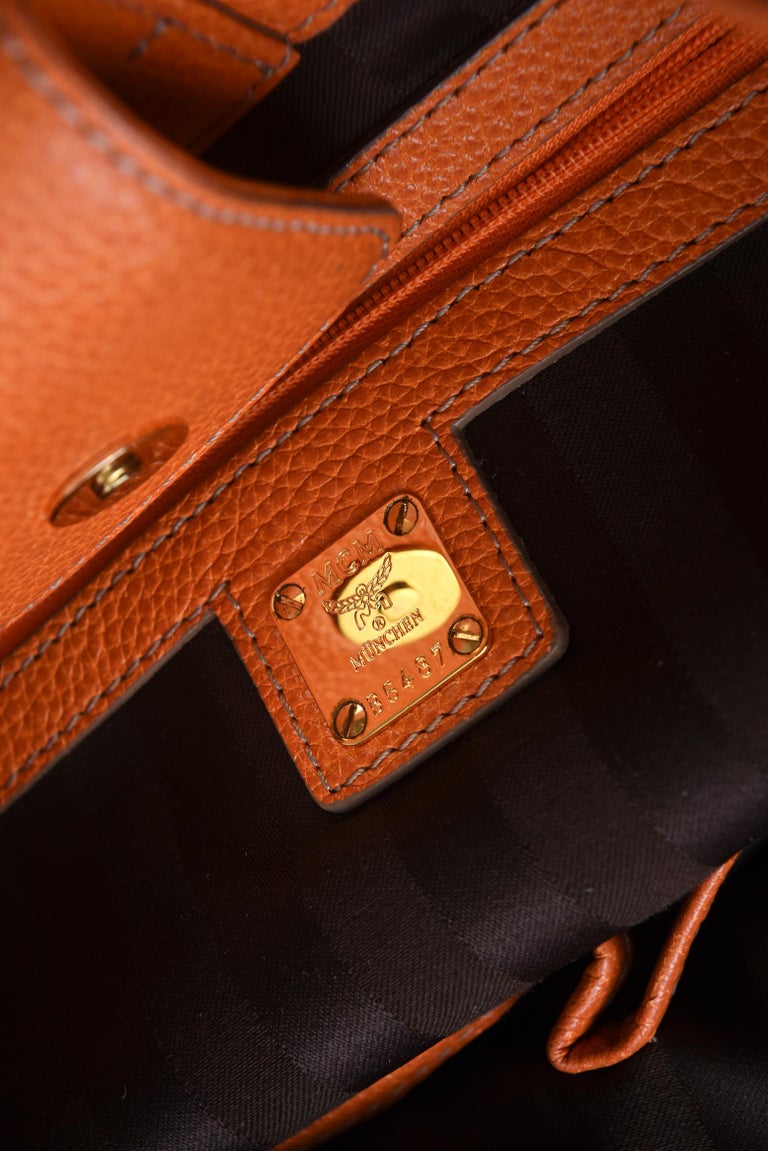 Vintage MCM Orange Leather and Gold Plated Hand Bag For Sale at 1stdibs