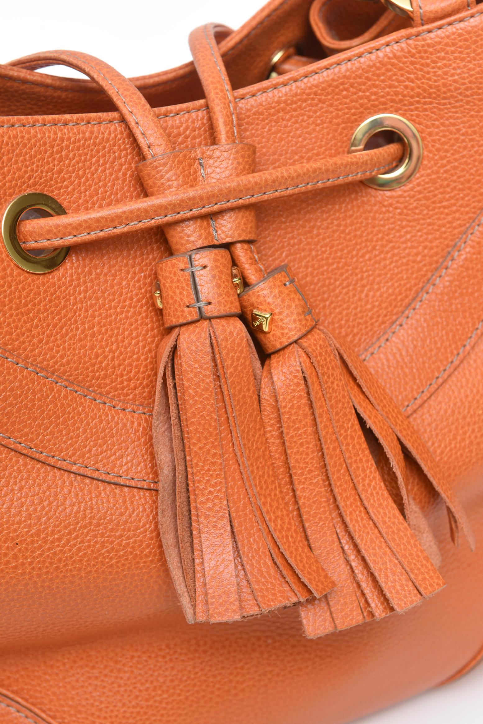 Women's Vintage MCM Orange Leather and Gold Plated Tassel Hand Bag  For Sale