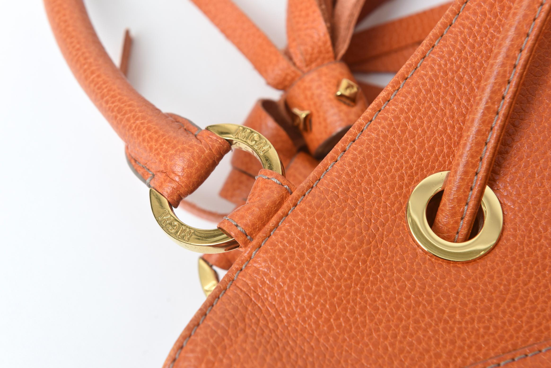 Vintage MCM Orange Leather and Gold Plated Tassel Hand Bag  For Sale 1