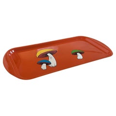 Vintage MCM Orange Melamine Serving Tray with Mushroom Motif