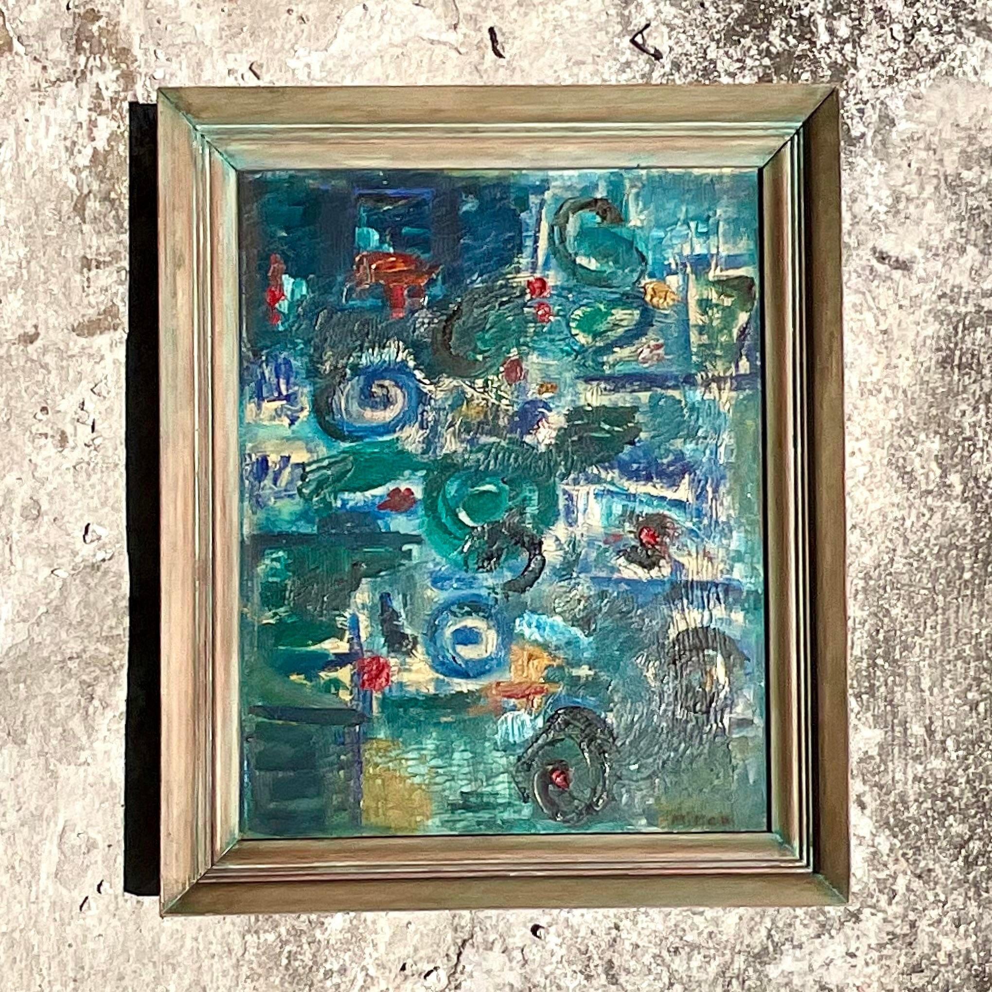 A stunning vintage MCM original oil painting. A chic abstract composition in brilliant shades of blue. Signed and dated by the artist 1958. Acquired from a Palm Beach estate.