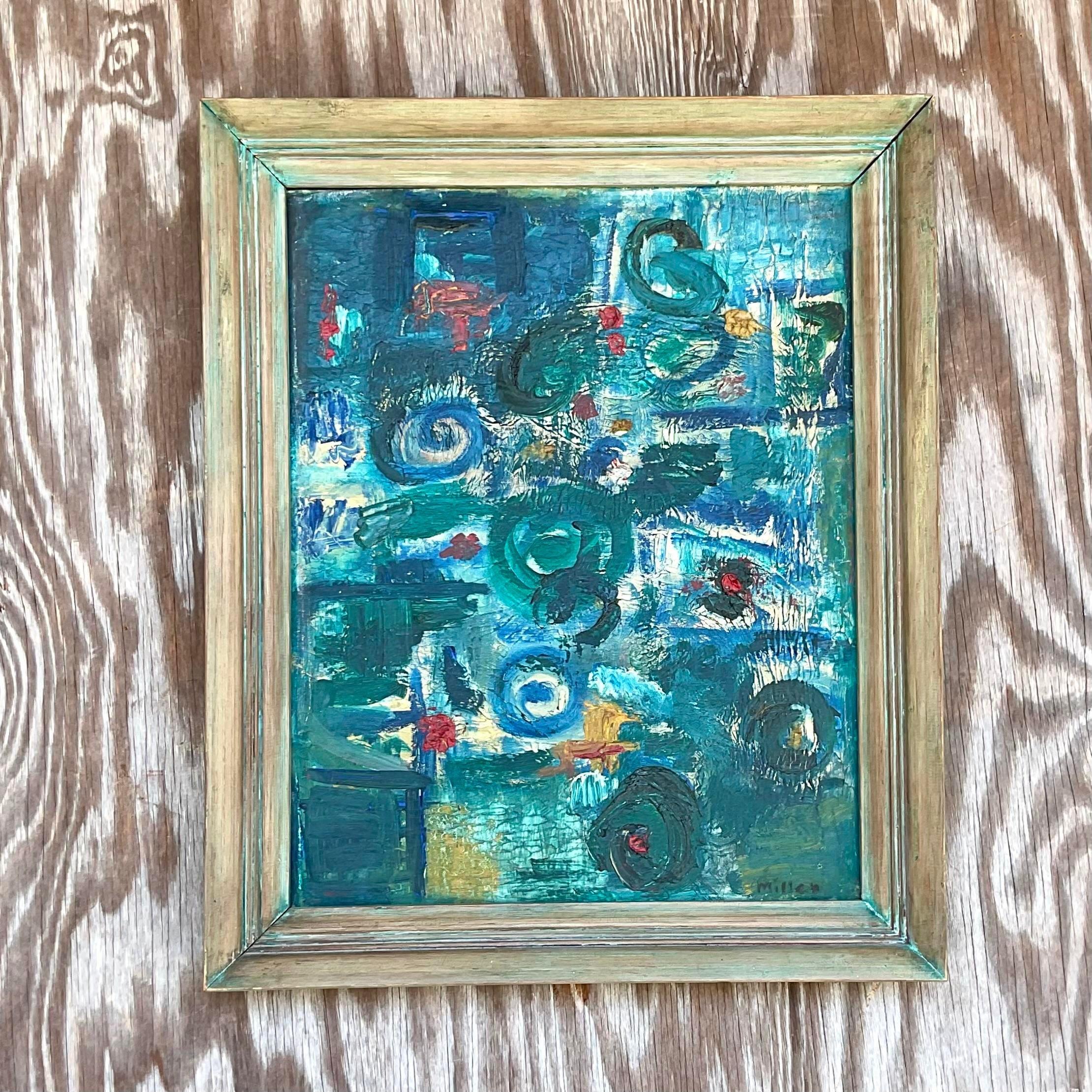 North American Vintage MCM Original Abstract Oil on Board Signed For Sale