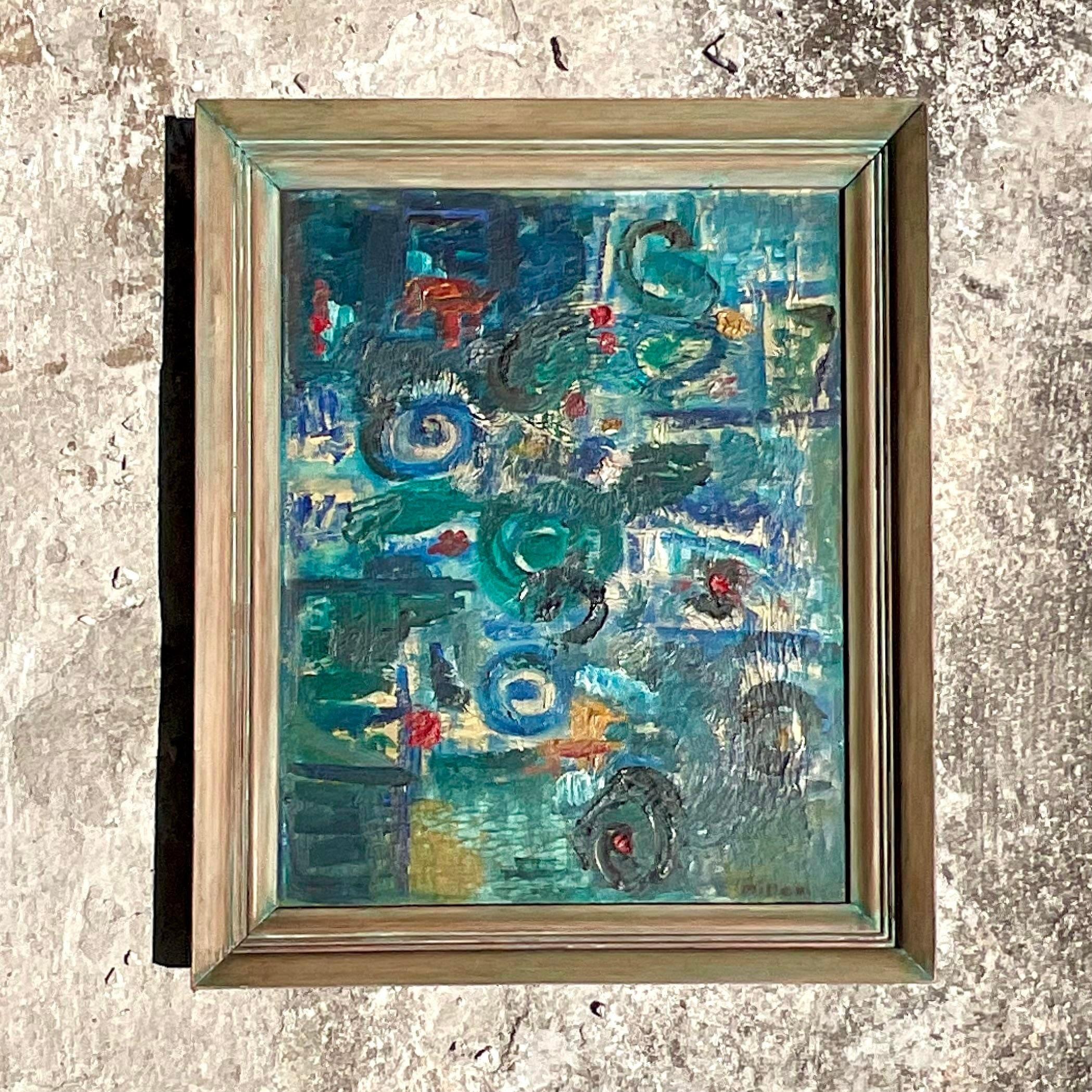 Vintage MCM Original Abstract Oil on Board Signed In Good Condition For Sale In west palm beach, FL