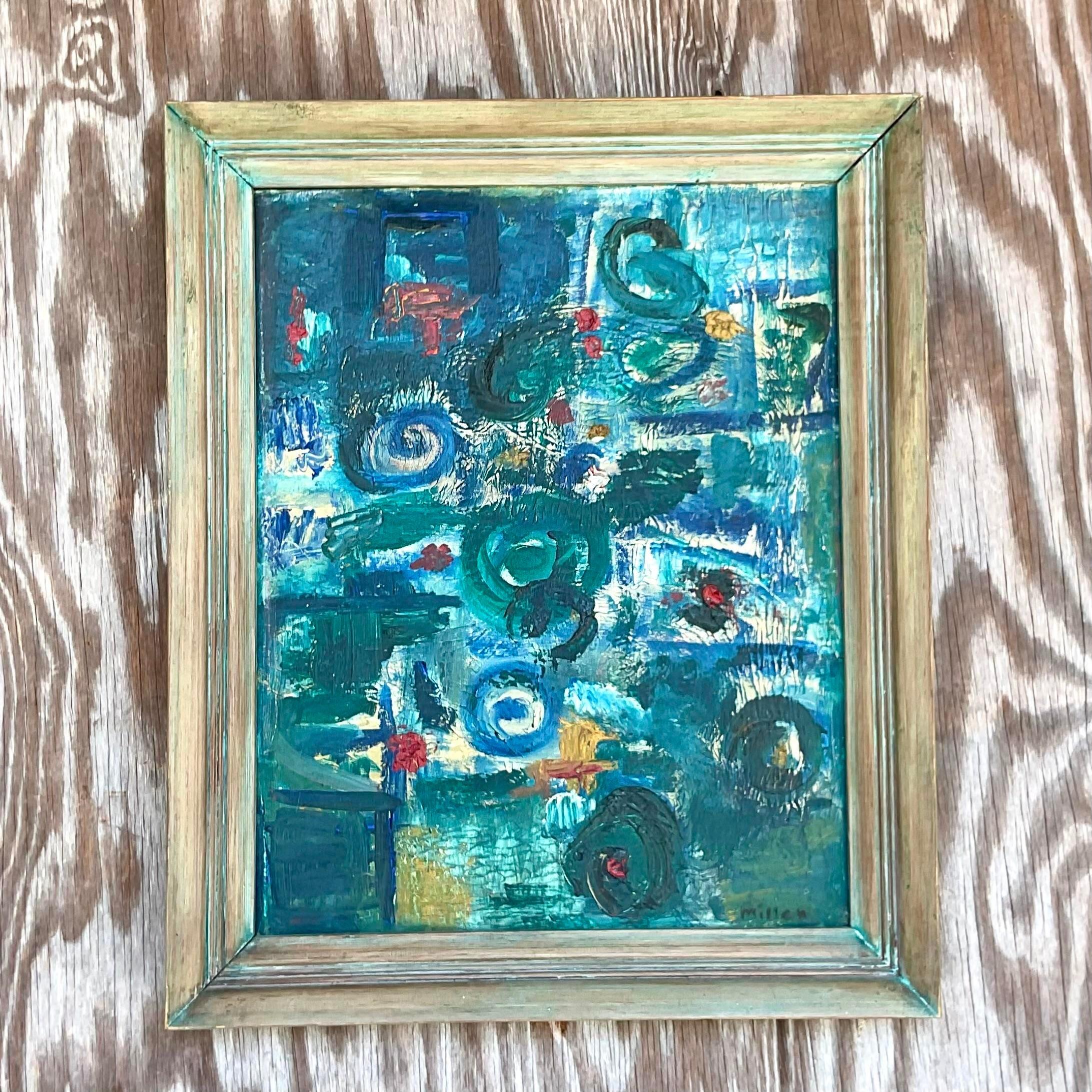 20th Century Vintage MCM Original Abstract Oil on Board Signed For Sale