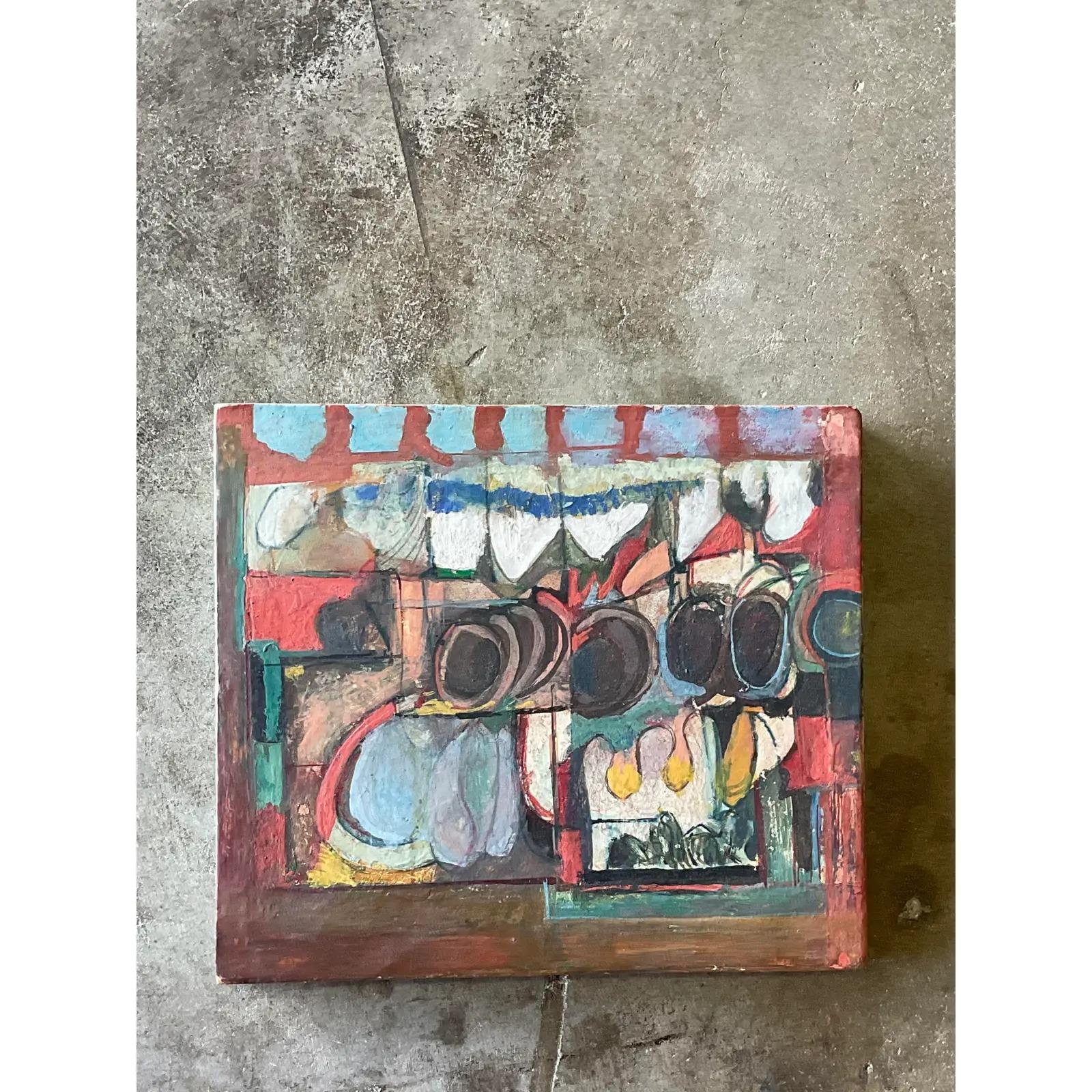 Fantastic vintage abstract original oil. A brilliantly colored composition on wood. Signed and dated by the artist Jack Hammack, 1967. Acquired from a Portland estate.