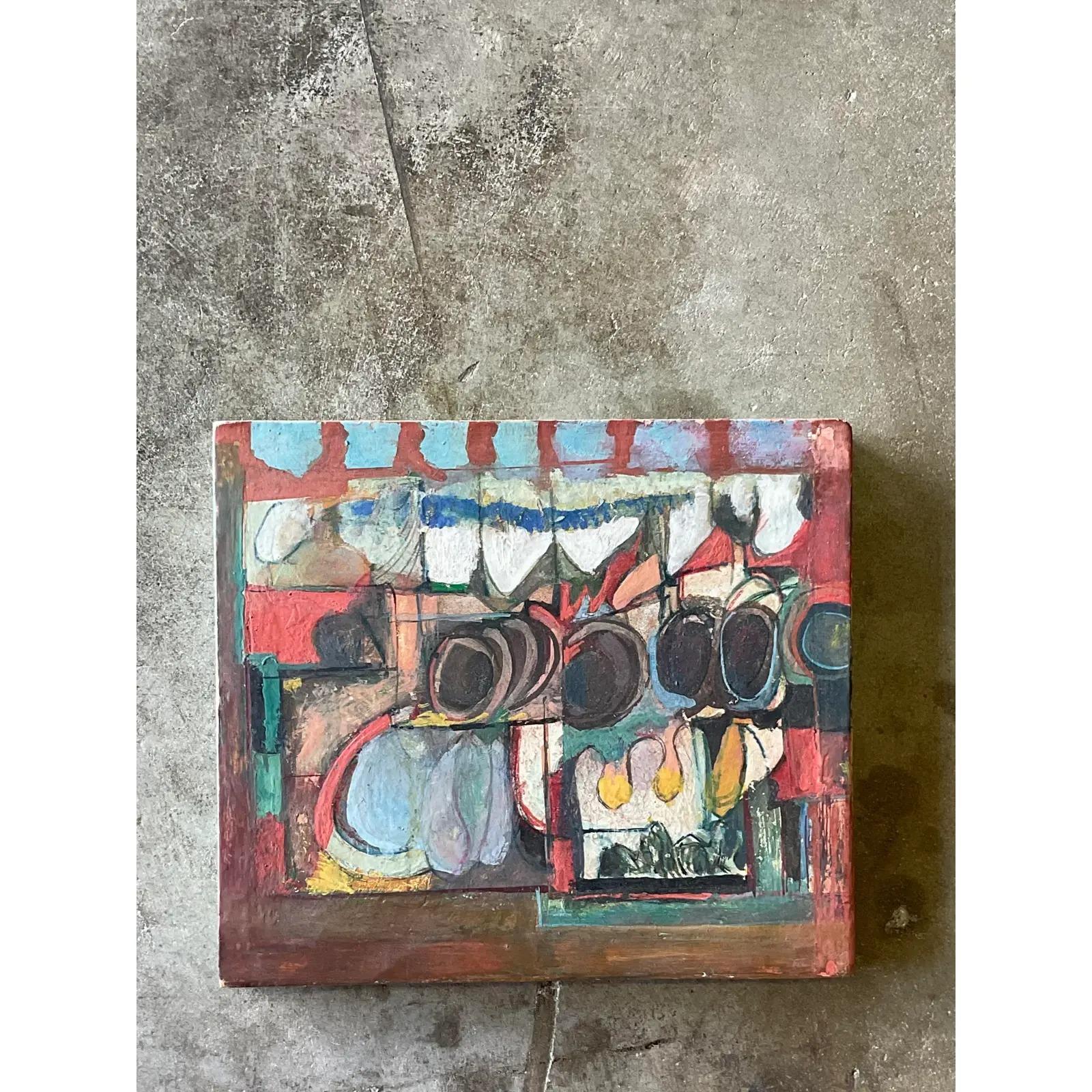 Vintage MCM Original Abstract on Wood Signed Hammack 1967 In Good Condition In west palm beach, FL