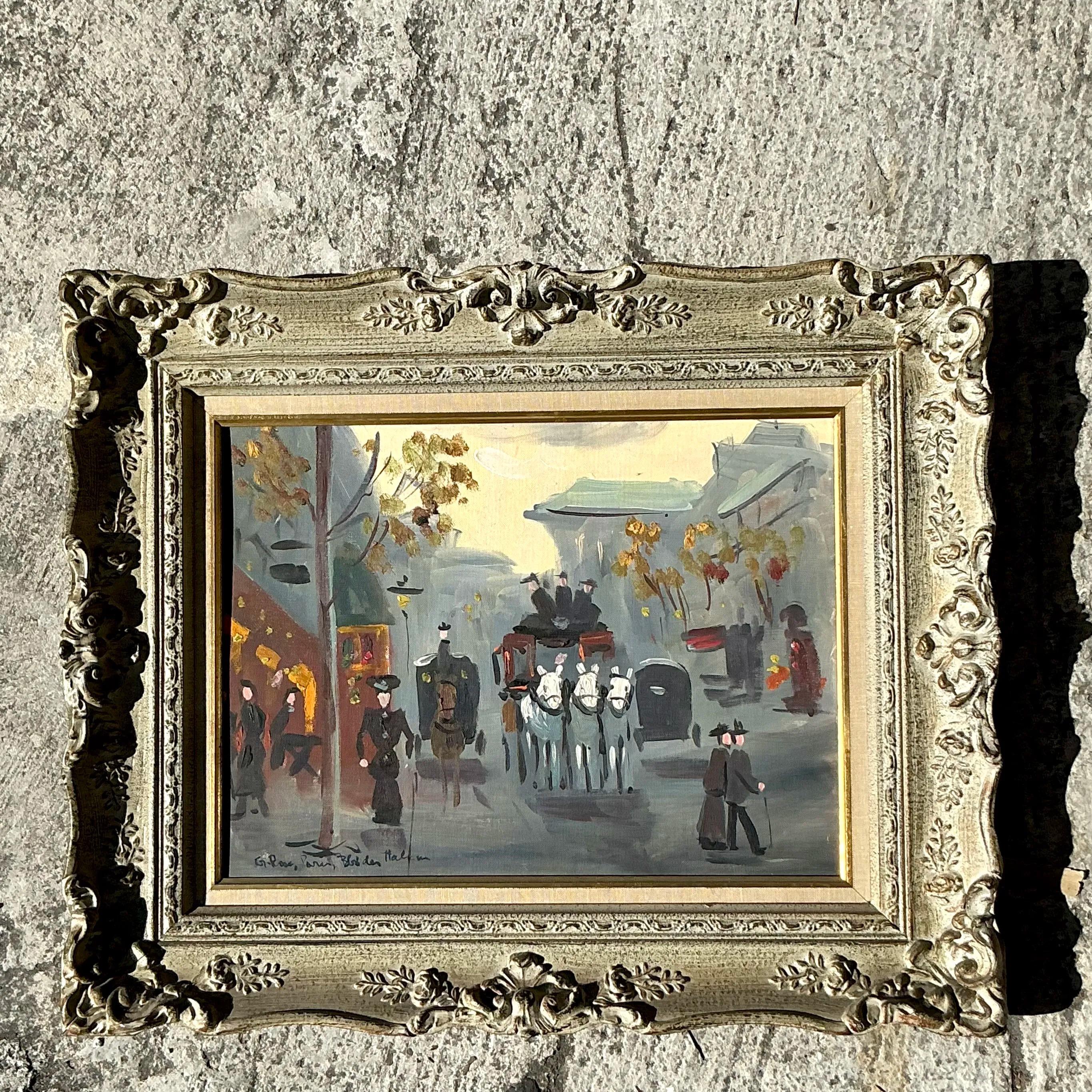 Vintage By, paesaggio urbano francese originale olio su tavola in vendita 3