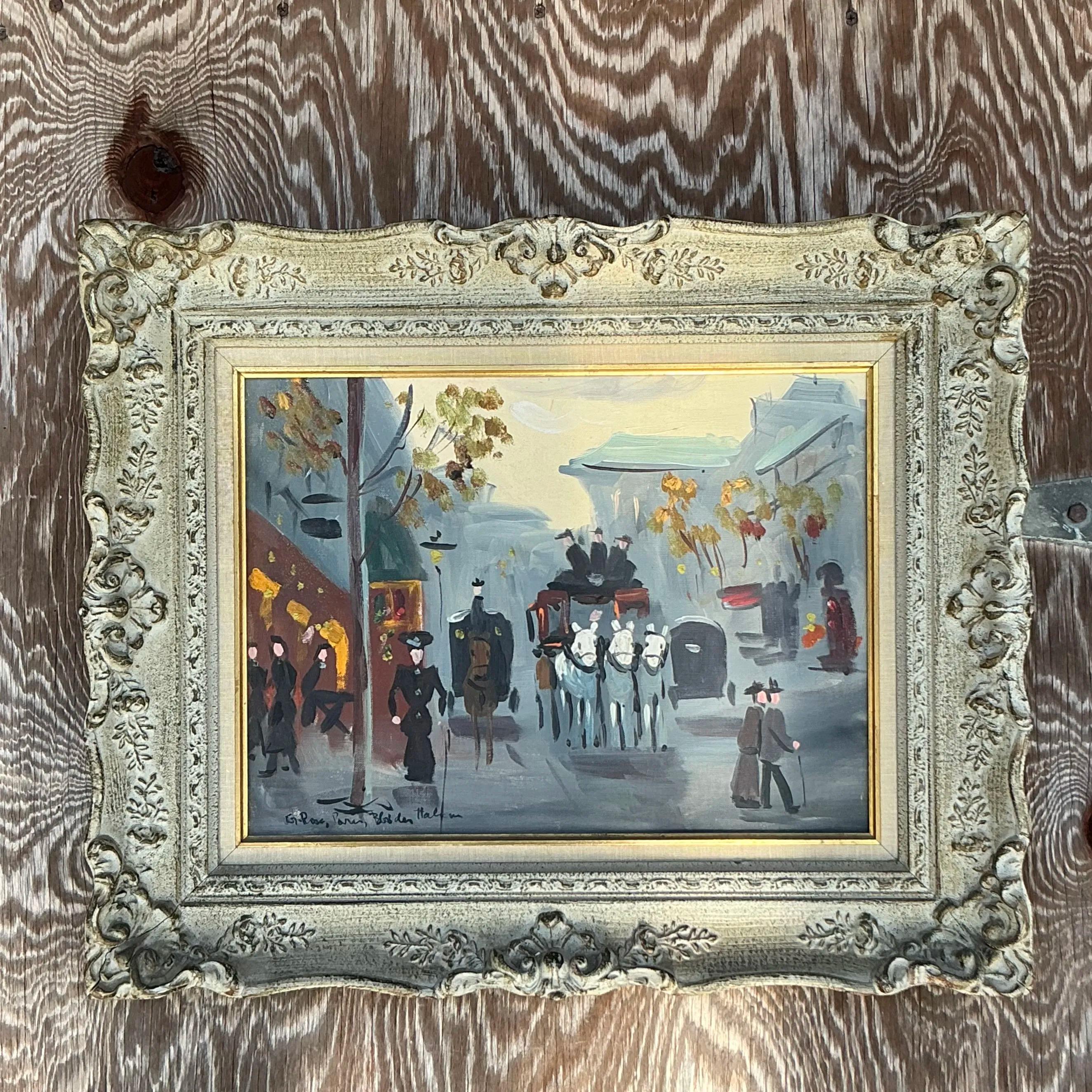 Mid-Century moderno Vintage By, paesaggio urbano francese originale olio su tavola in vendita