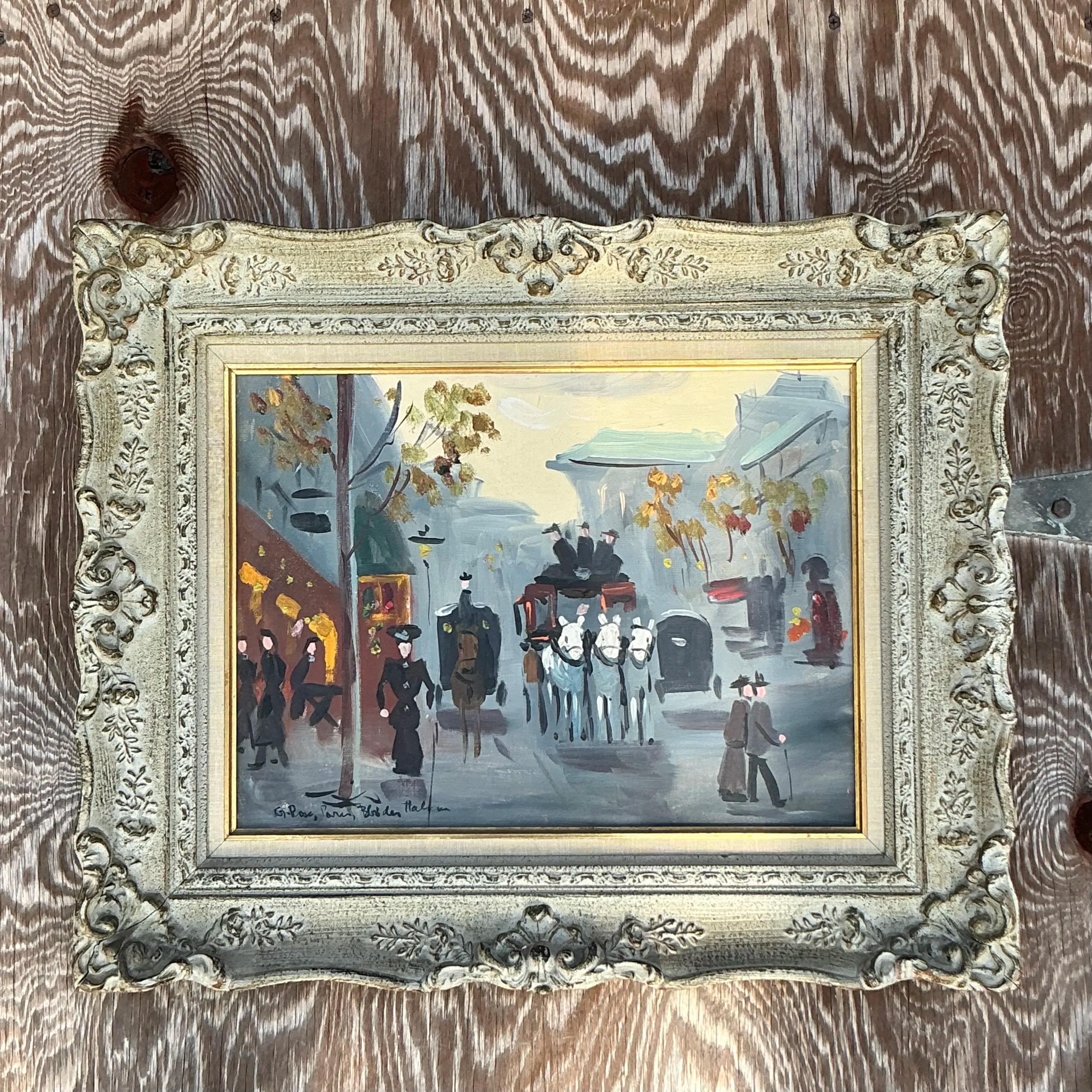 Vintage By, paesaggio urbano francese originale olio su tavola in vendita 2