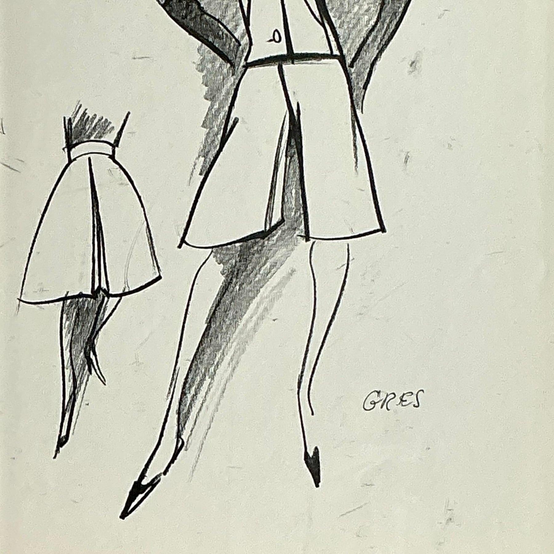 Cette exquise esquisse de mode moderne du milieu du siècle est une œuvre originale d'un ensemble conçu par Madame Grès, mettant en valeur son sens intemporel du style et son esthétique raffinée. Avec ses lignes élégantes et ses détails complexes,