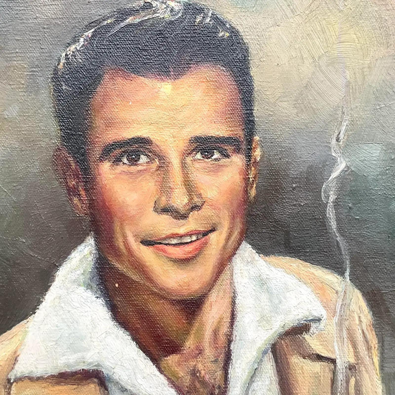 Mid-Century Modern Vintage MCM Original Oil Portrait of Handsome Man For Sale