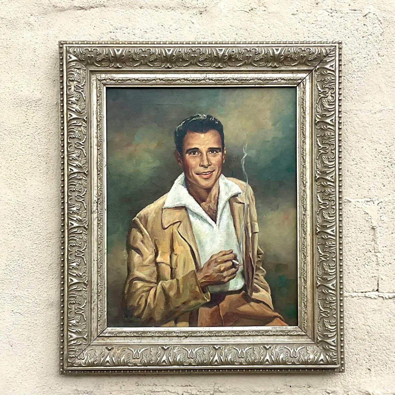 North American Vintage MCM Original Oil Portrait of Handsome Man For Sale
