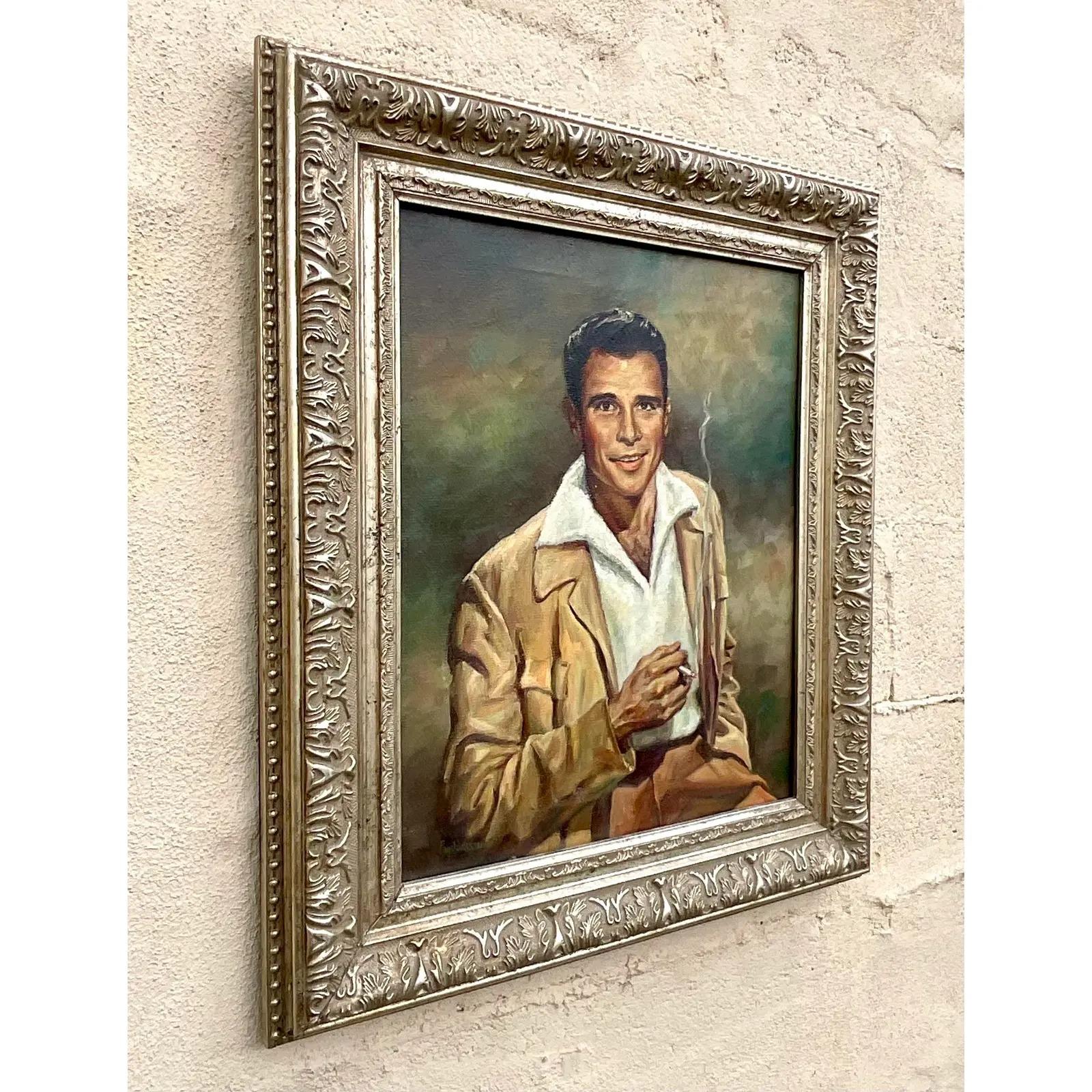 Vintage MCM Original Oil Portrait of Handsome Man In Good Condition For Sale In west palm beach, FL