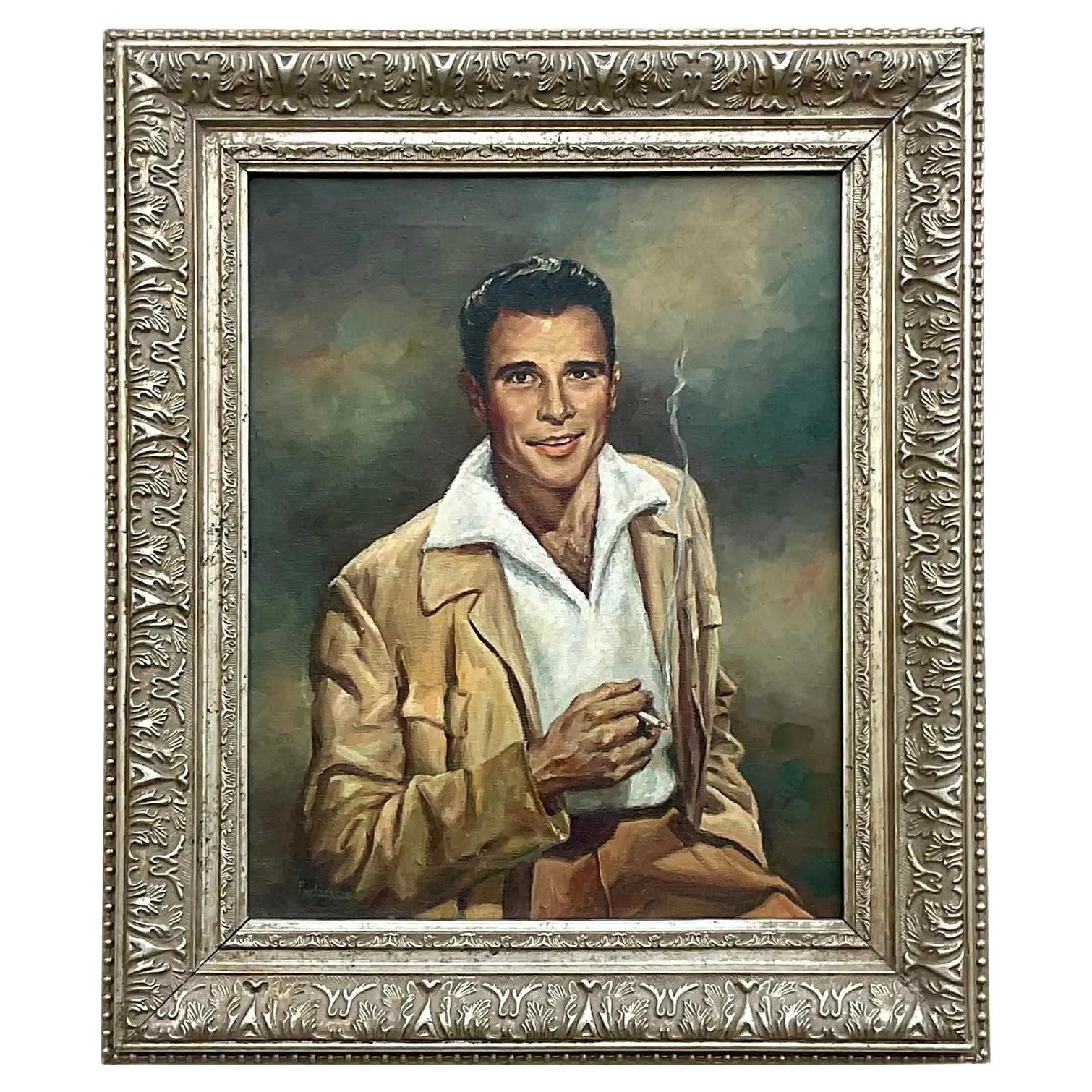 Ritratto ad olio originale MCM d'epoca di un uomo affascinante