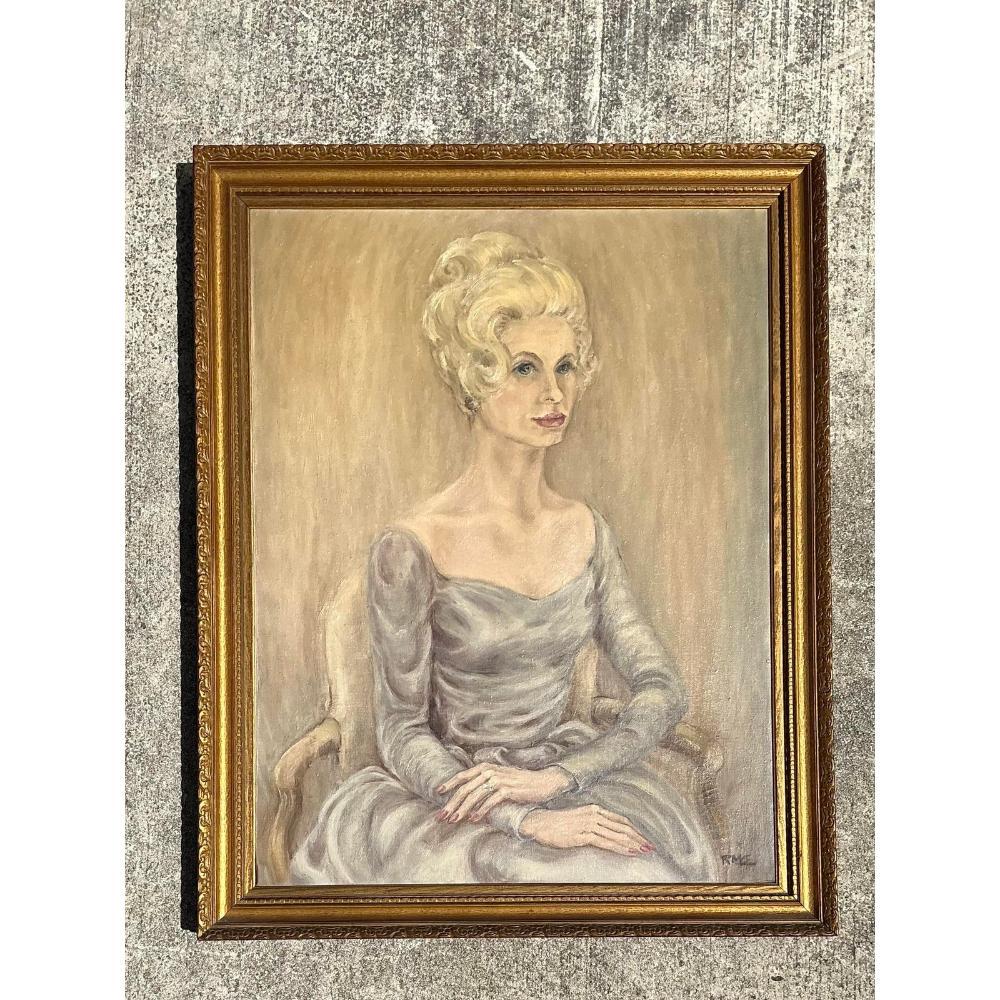 Vintage MCM Original Oil Portrait of Woman For Sale at 1stDibs