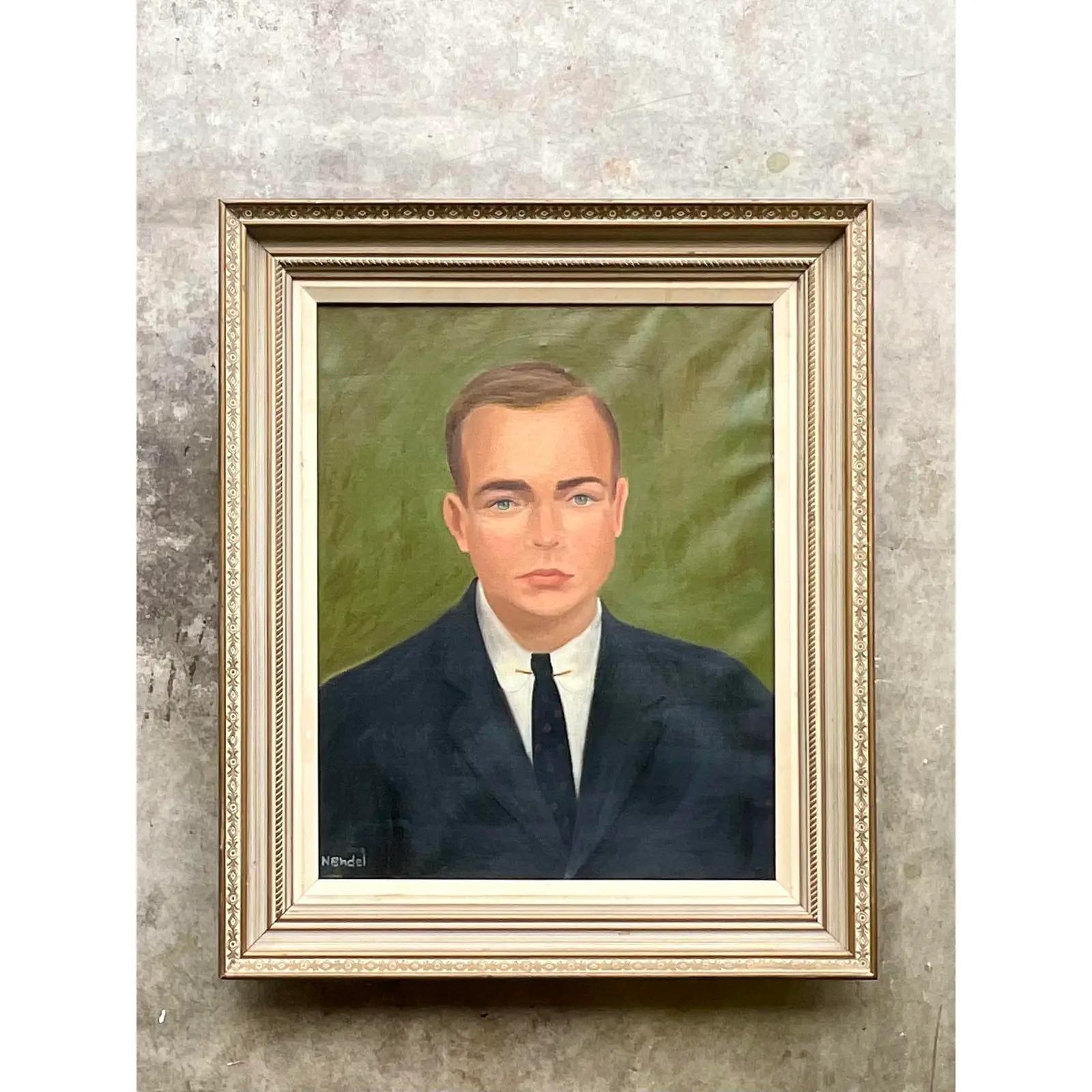 Fantastic vintage MCM oil portrait. A gorgeous composition of a snappy young man. Great period colors. Signed by the artist. Acquired from a Palm Beach estate.