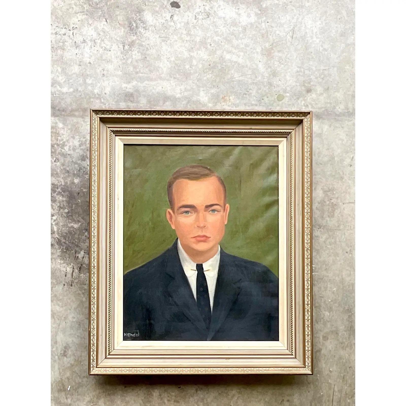 North American Vintage Mid-Century Modern Original Oil Portrait of Young Man. Signed For Sale